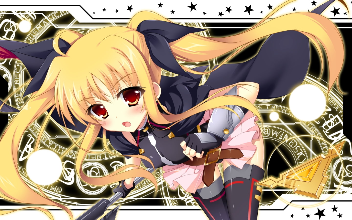cape, weapon, lyrical, long, raiou, 720P, thighhighs, testarossa, gloves, eyes, blonde, mahou, shoujo, magic, twintails, skirt, red, blush, hair, nanoha, HD Wallpaper