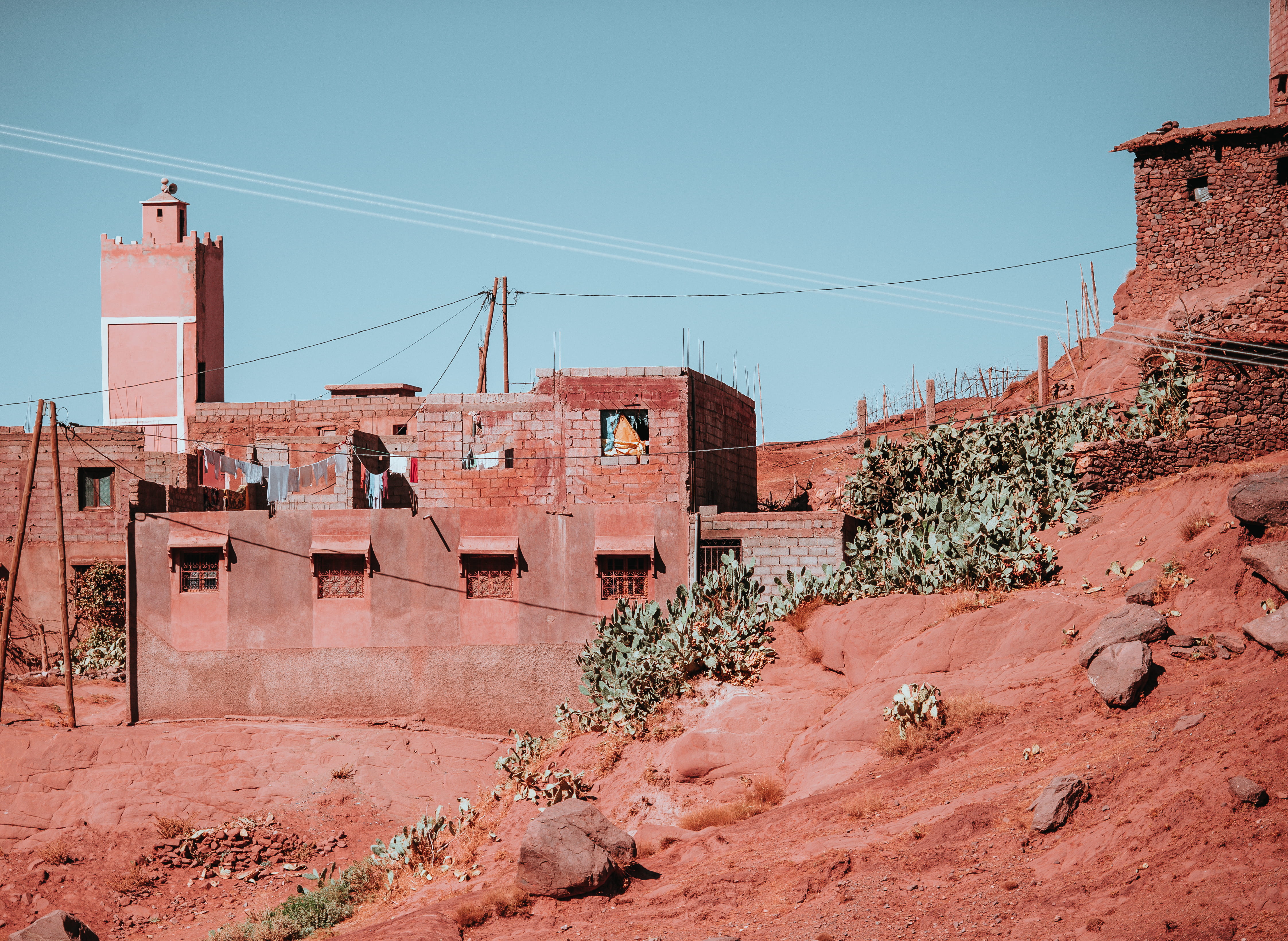 blue, built structure, rock, architecture, wall, power line, cable, building, connection, electricity, outdoors, abandoned, day, clear sky, mountains, no people, HD Wallpaper