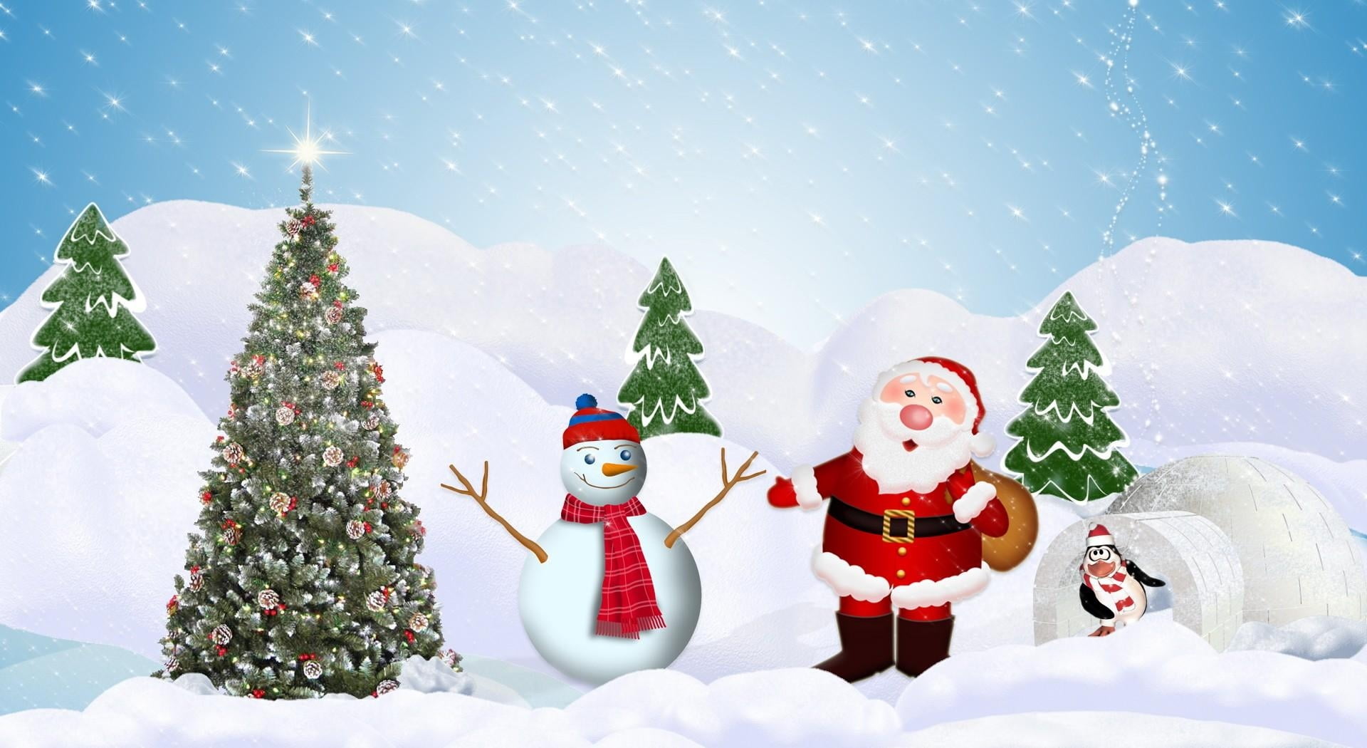 cute, male likeness, december, backgrounds, greeting, frost, gift, decoration, 1080P, cold temperature, fir Tree, snow, happiness, digital, human representation, HD Wallpaper