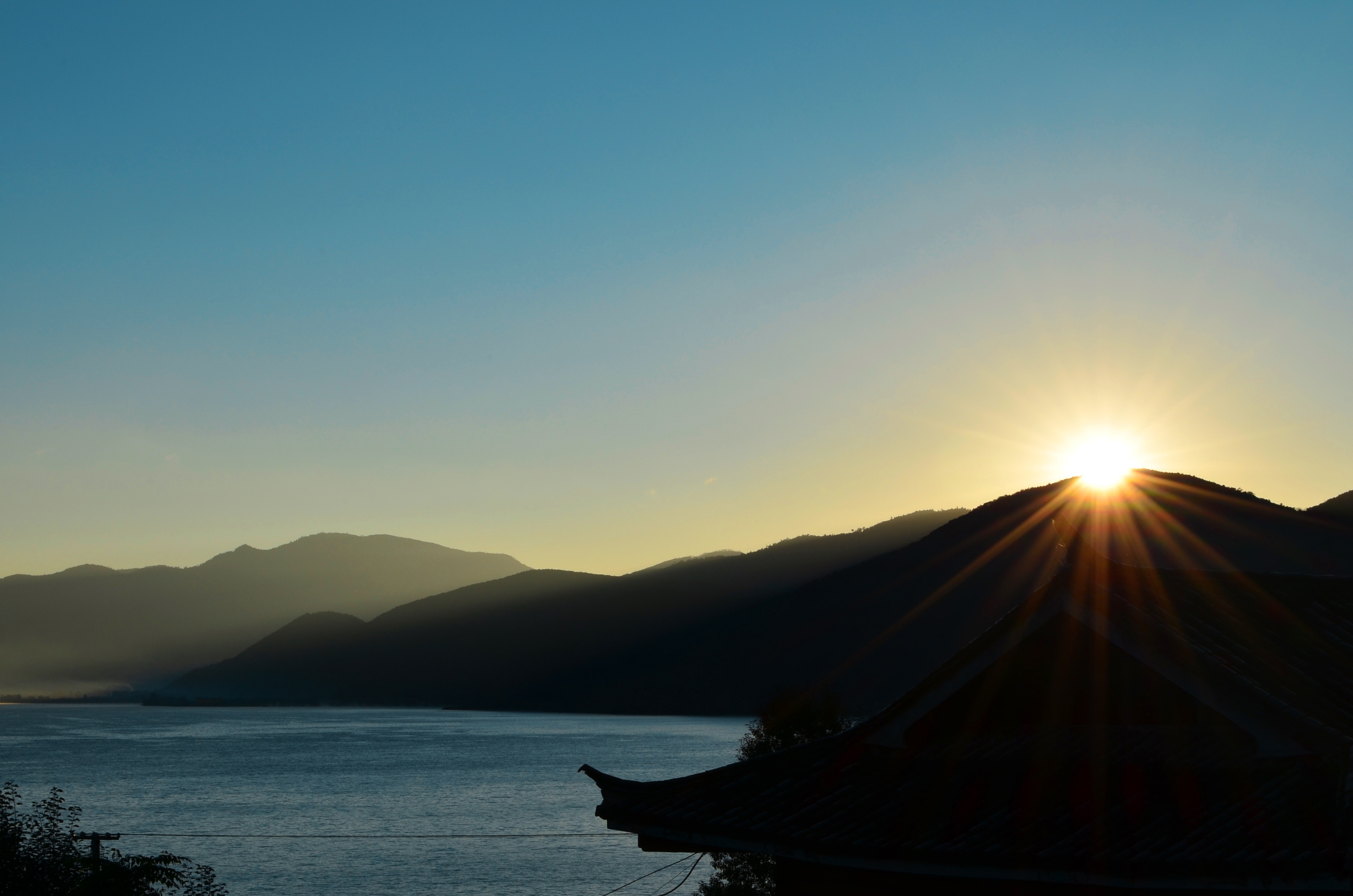nature, morning, mountain, lens flare, water, scenics - nature, asaka, non-urban scene, clear sky, mountain range, sunrise, sunset, sun, sunbeam, 2K, sunlight, HD Wallpaper