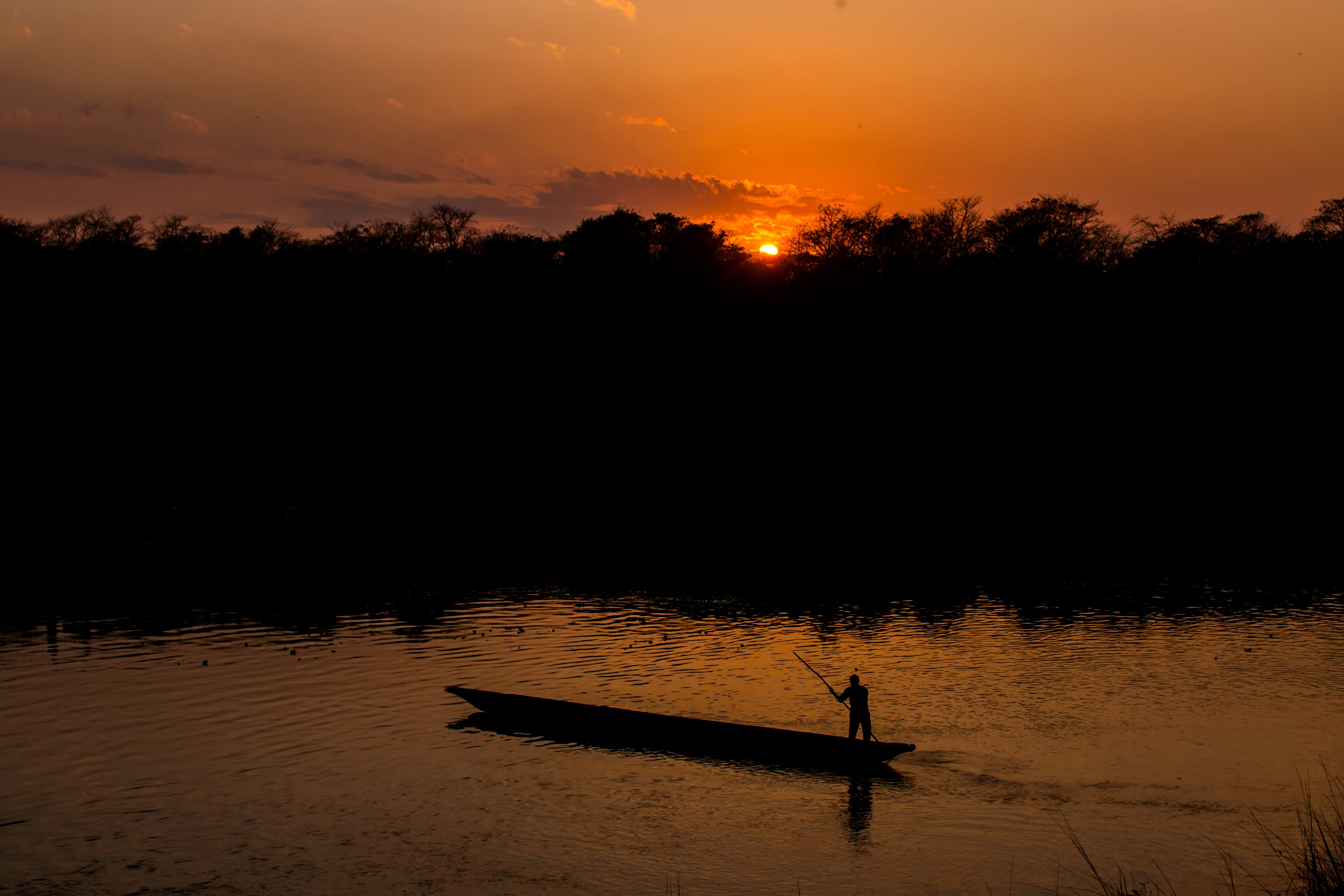 summer, silhouette, sunset, transport, one person, vacation, asia, transportation, sky, Boat, people, real people, men, tree, nautical Vessel, River, scenics, HD Wallpaper