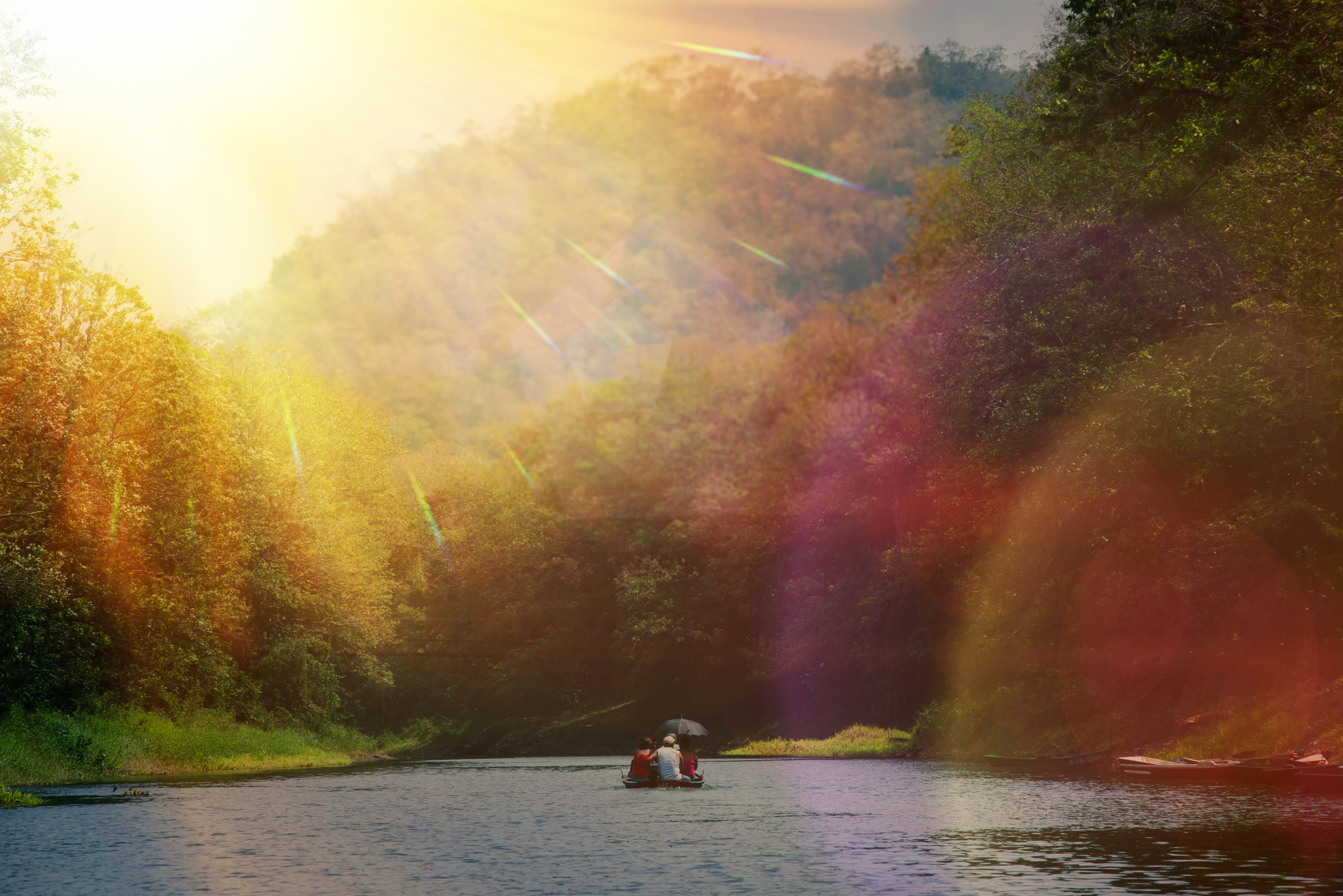 body, riding, top, scenics, sun, nautical vessel, outdoors, umbrella, tree, lake, stream, scenics - nature, sunlight, vegetation, group, lush, plant, rays, HD Wallpaper