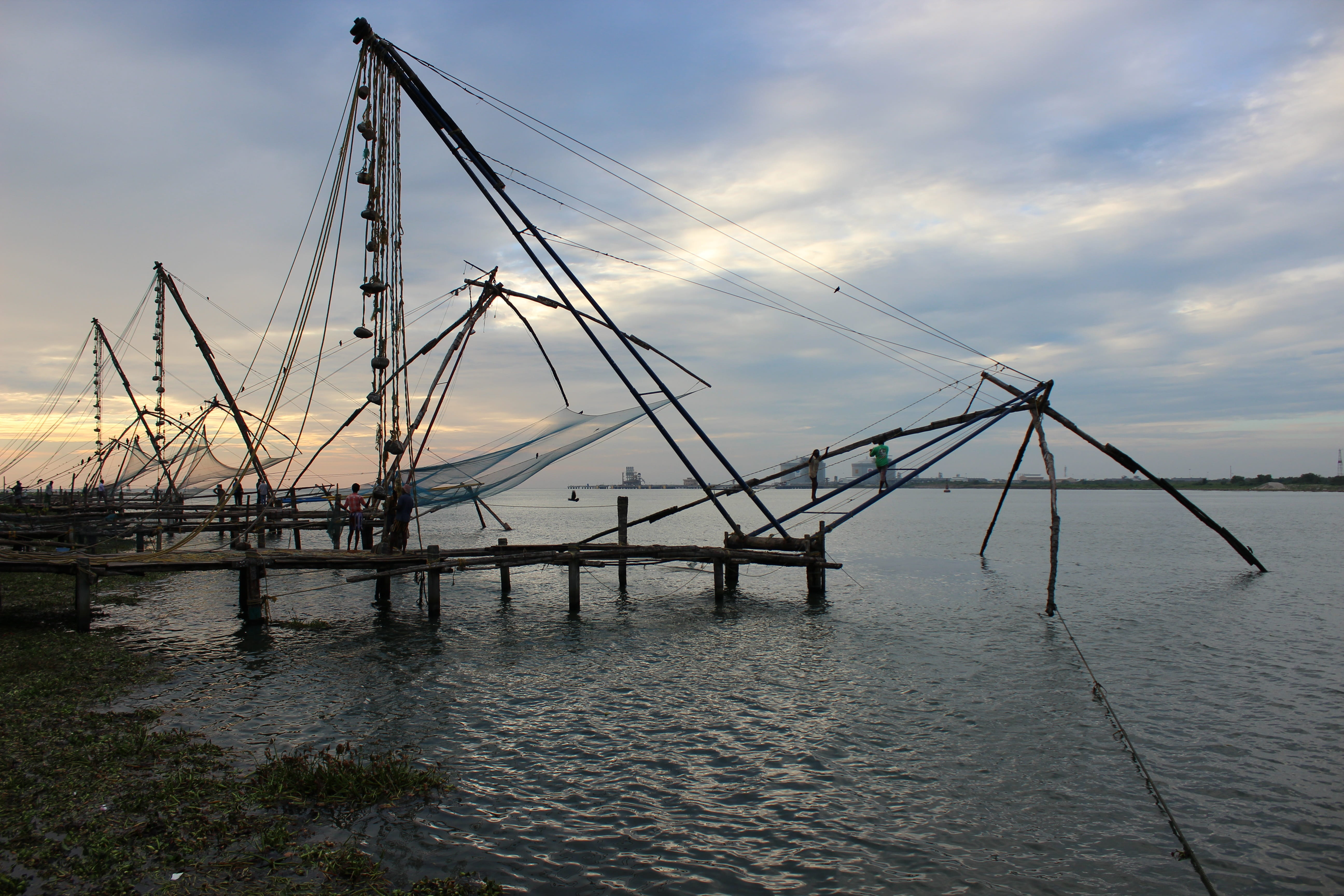 day, evening, nautical vessel, mast, kochi, sea, transportation, water, moored, sky, pole, fishing, sailboat, cloud - sky, fishnet, mode of transportation, HD Wallpaper