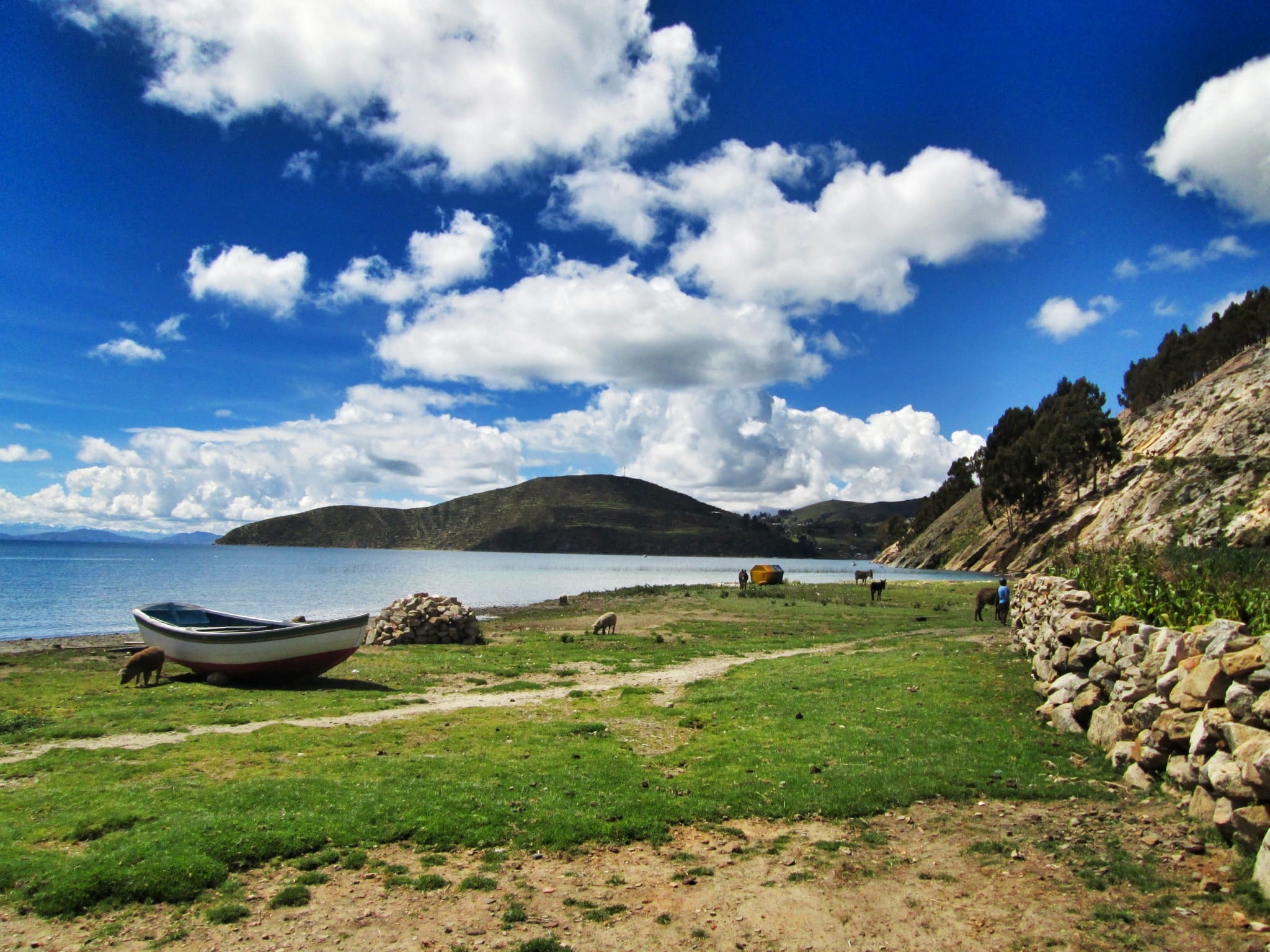 tranquility, water, nautical vessel, scenics - nature, sky, land, landscape, green color, outdoors, isla del sol, grass, south america, beach, beauty in nature, HD Wallpaper