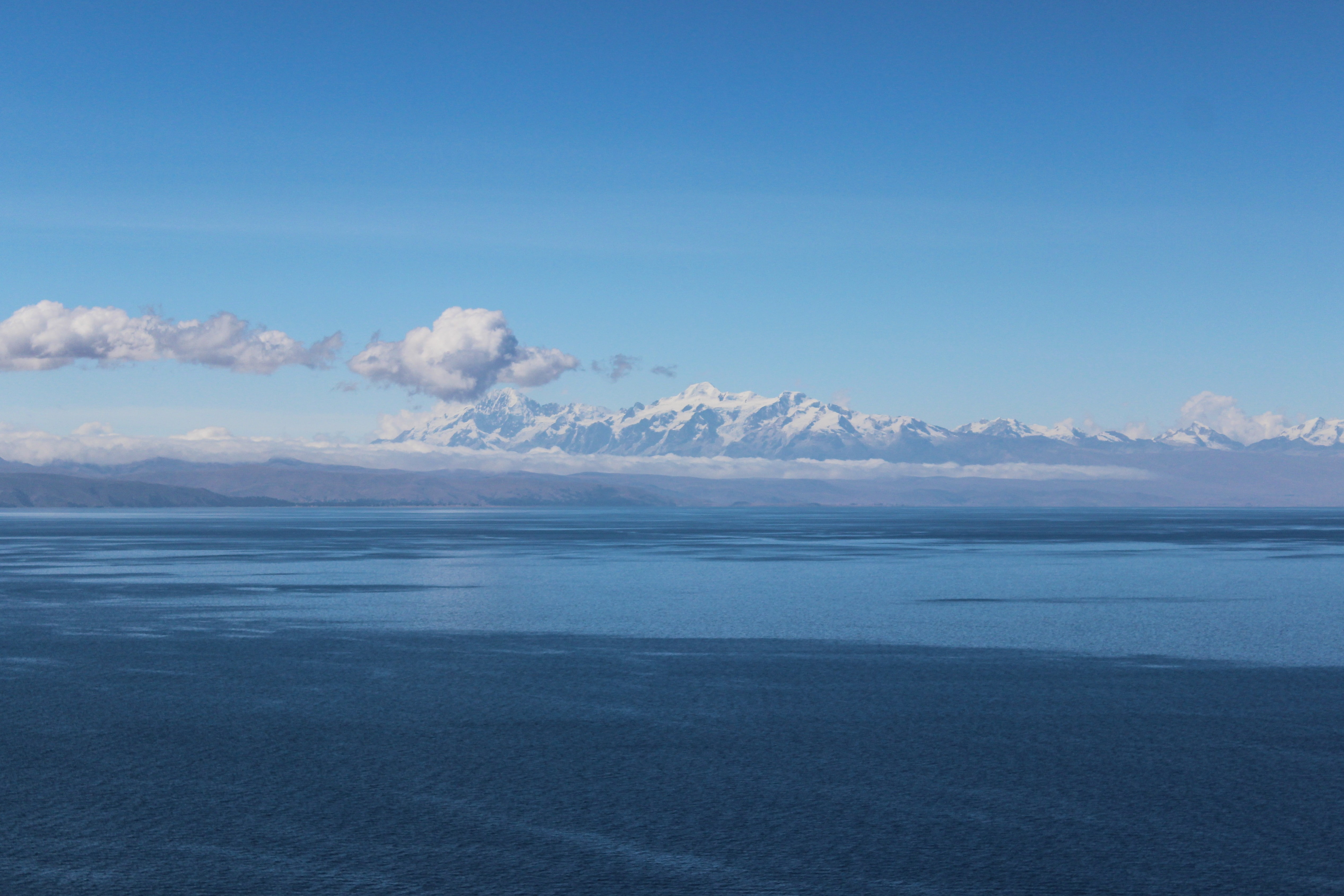 mountain, no people, scenics - nature, mountain range, sea, cloud - sky, landscape, copy space, environment, day, snowcapped mountain, tranquil scene, sea mountains blue lake lake titicaca titicaca clouds clear sky, HD Wallpaper