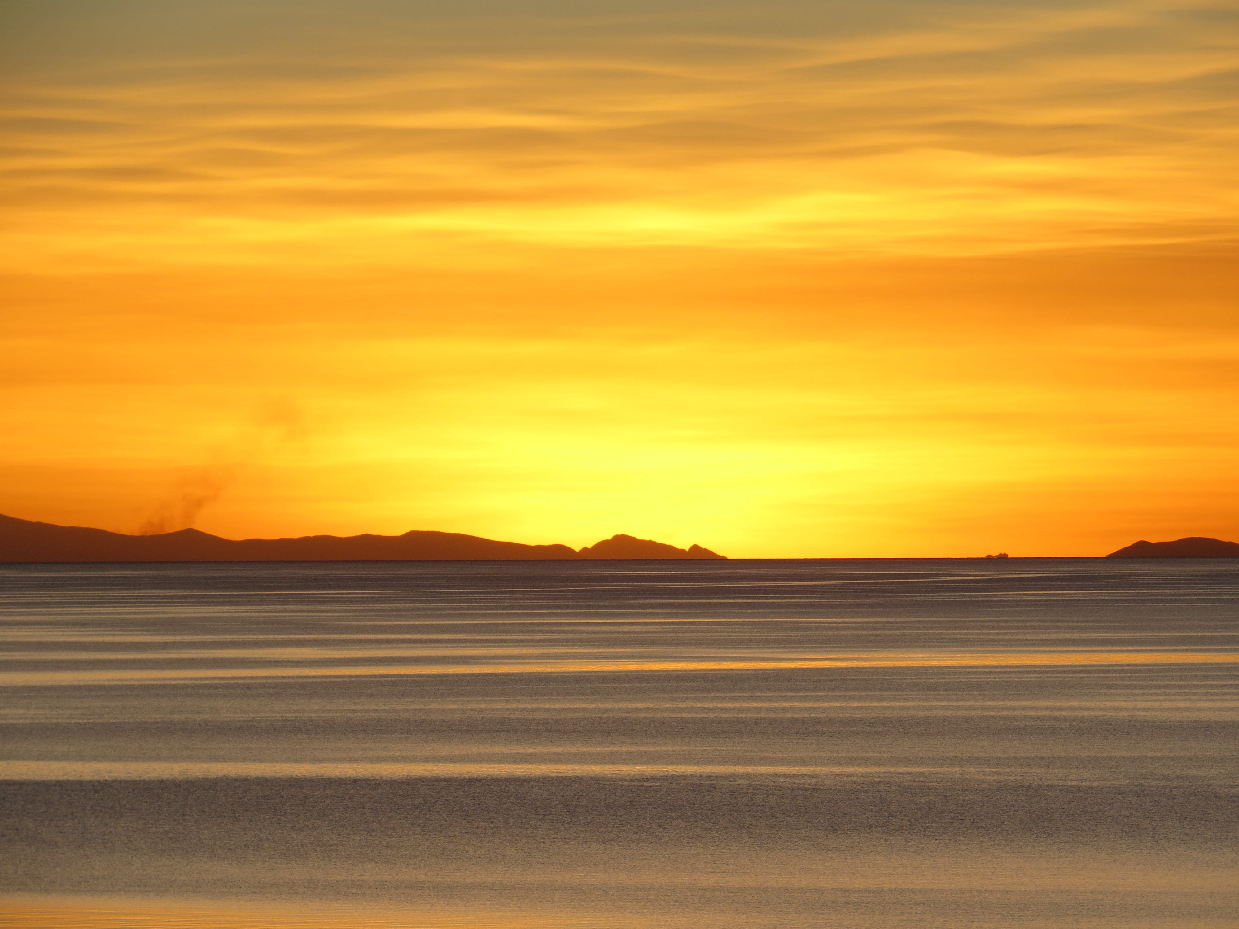 non-urban scene, salt flat, water, outdoors, sky, sunset, yellow, cloud - sky, no people, environment, idyllic, romantic sky, silhouette, lake titicaca, HD Wallpaper