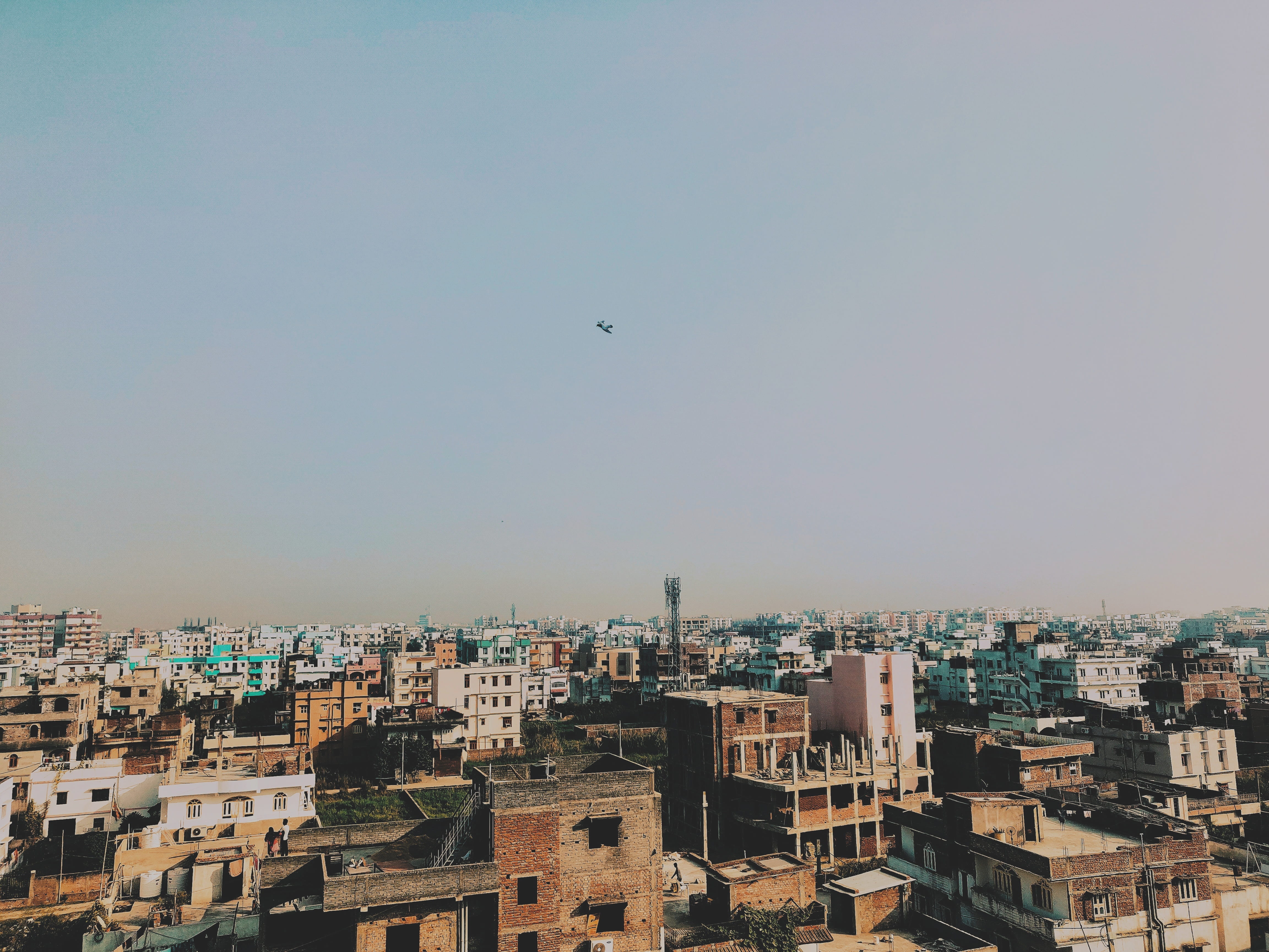 high angle view, building, Bihar, flying, architecture, cityscape, tall - high, outdoors, skyscraper, community, Sunset, building exterior, nature, 4K, HD Wallpaper