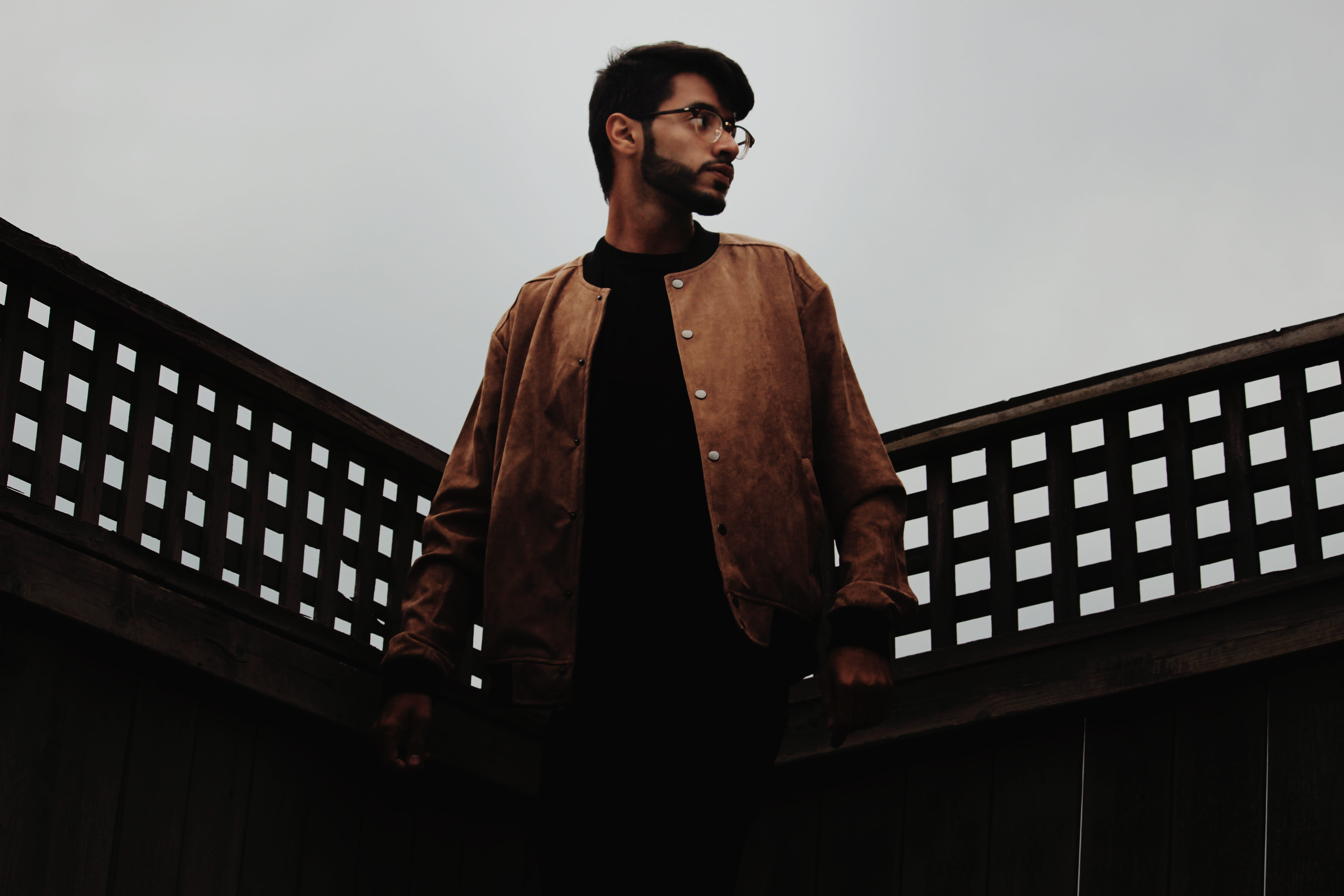 railing, one person, dark, photography idea, canon, fence, three quarter length, button, pose idea, wooden, architecture, waist up, portrait, street photography, HD Wallpaper