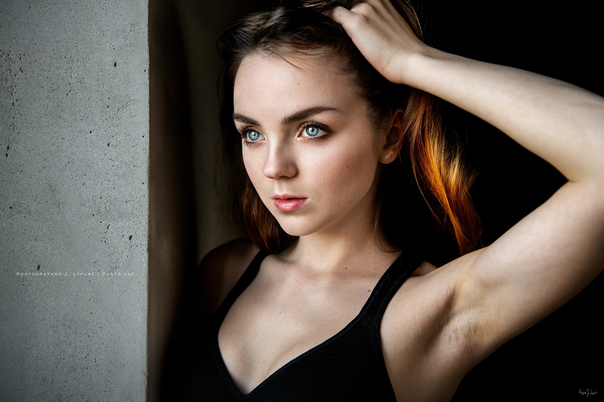 armpits, red lipstick, blue eyes, 1080P, brunette, hands in hair, black tops, portrait, women, model, Katherine Sher, HD Wallpaper