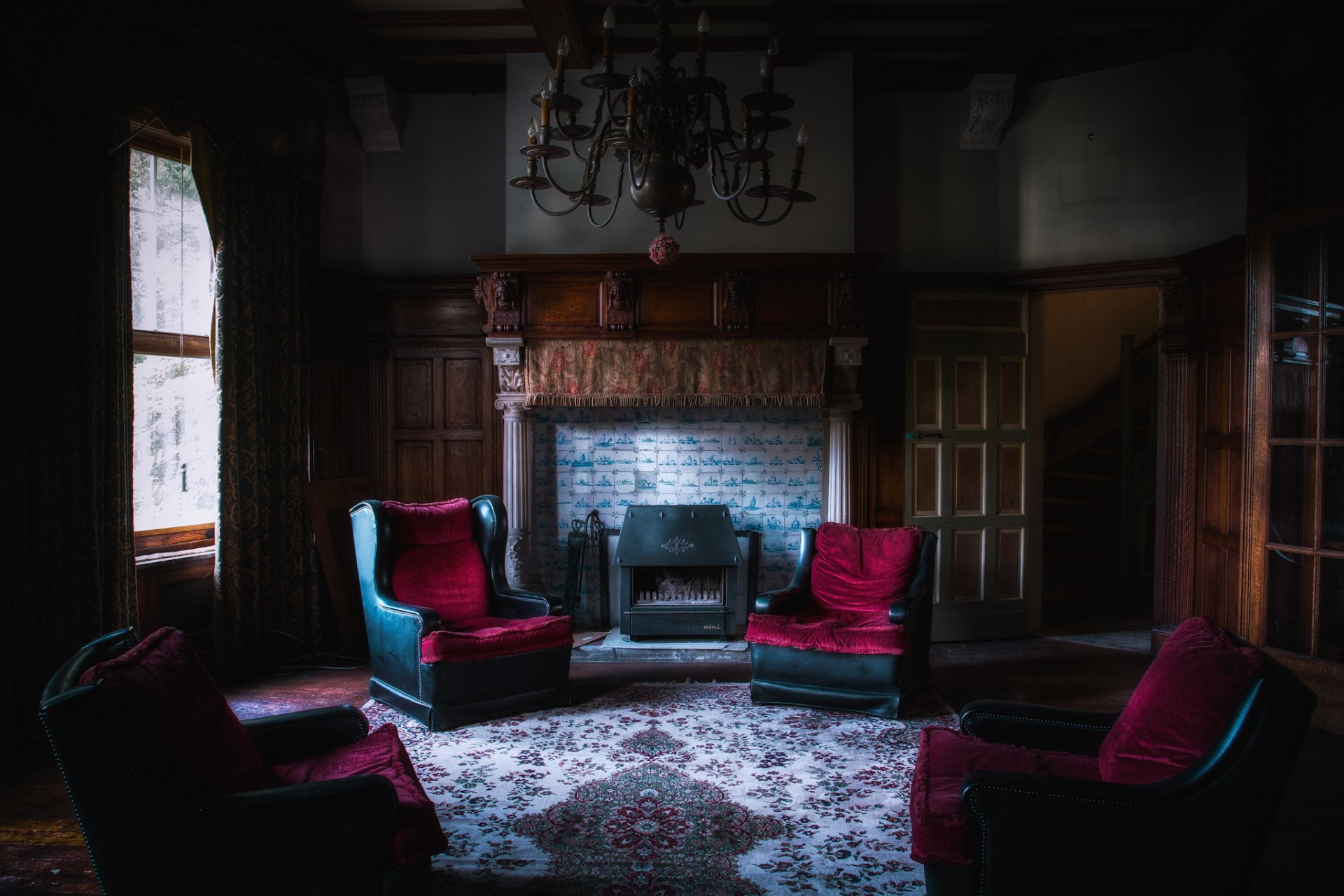 built structure, living room, sofa, home, window, domestic room, Curtain, Chair, empty, architecture, Fireplace, Room, absence, seat, Gothic, carpet - decor, HD Wallpaper