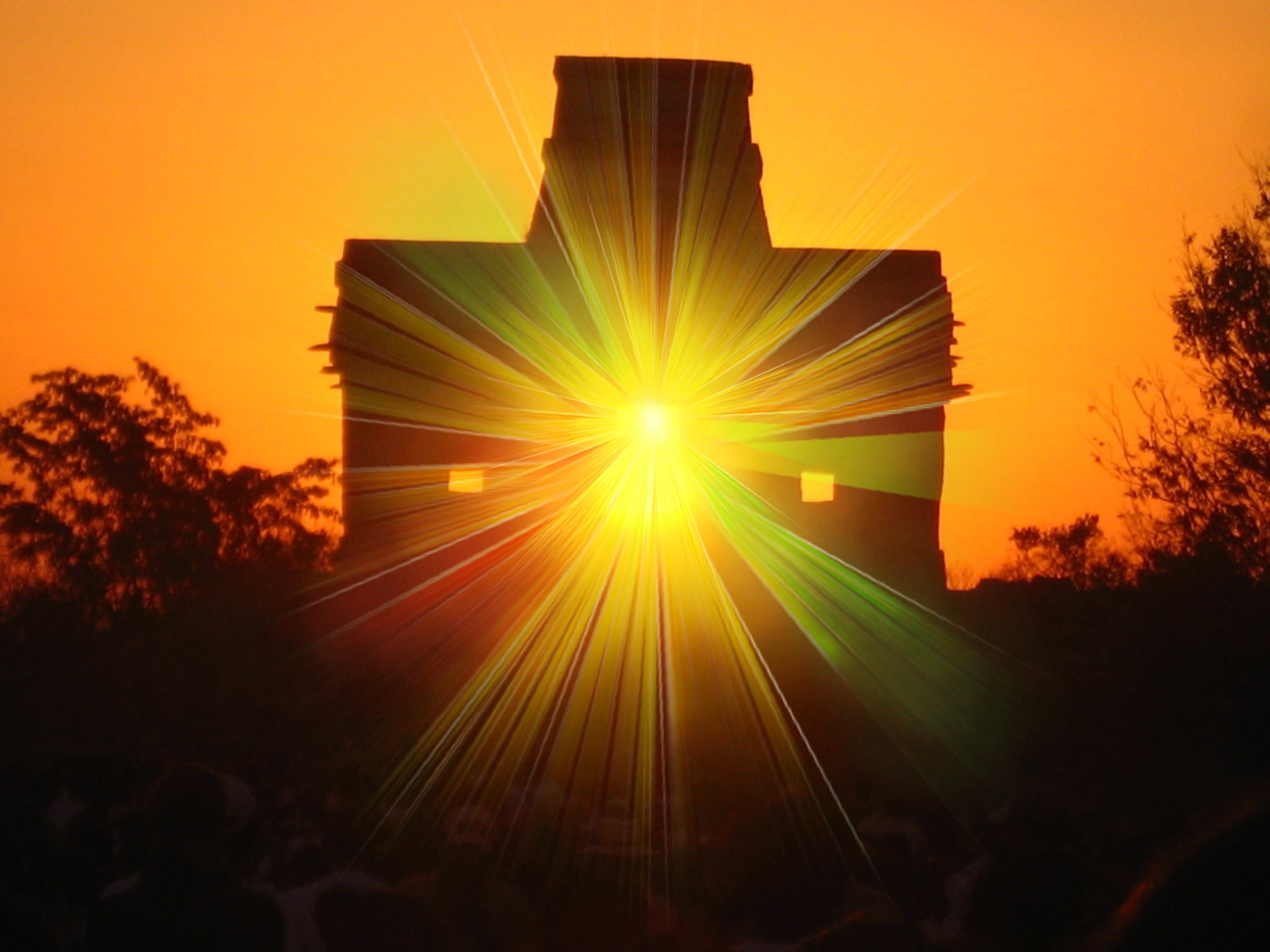no people, silhouette, yellow, lens flare, building exterior, plant, nature, dzibilchaltun, effect, sun, tree, mexico, sunlight, sunbeam, maya, 1080P, HD Wallpaper