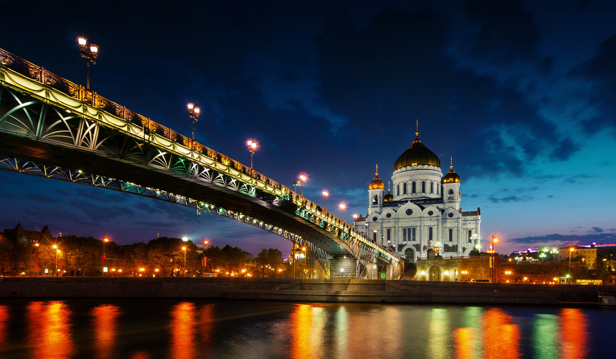 near, church, built structure, illuminated, nature, sunset, brown, reflection, bridge - man made structure, city, Russia, bridge, connection, water, black, HD Wallpaper