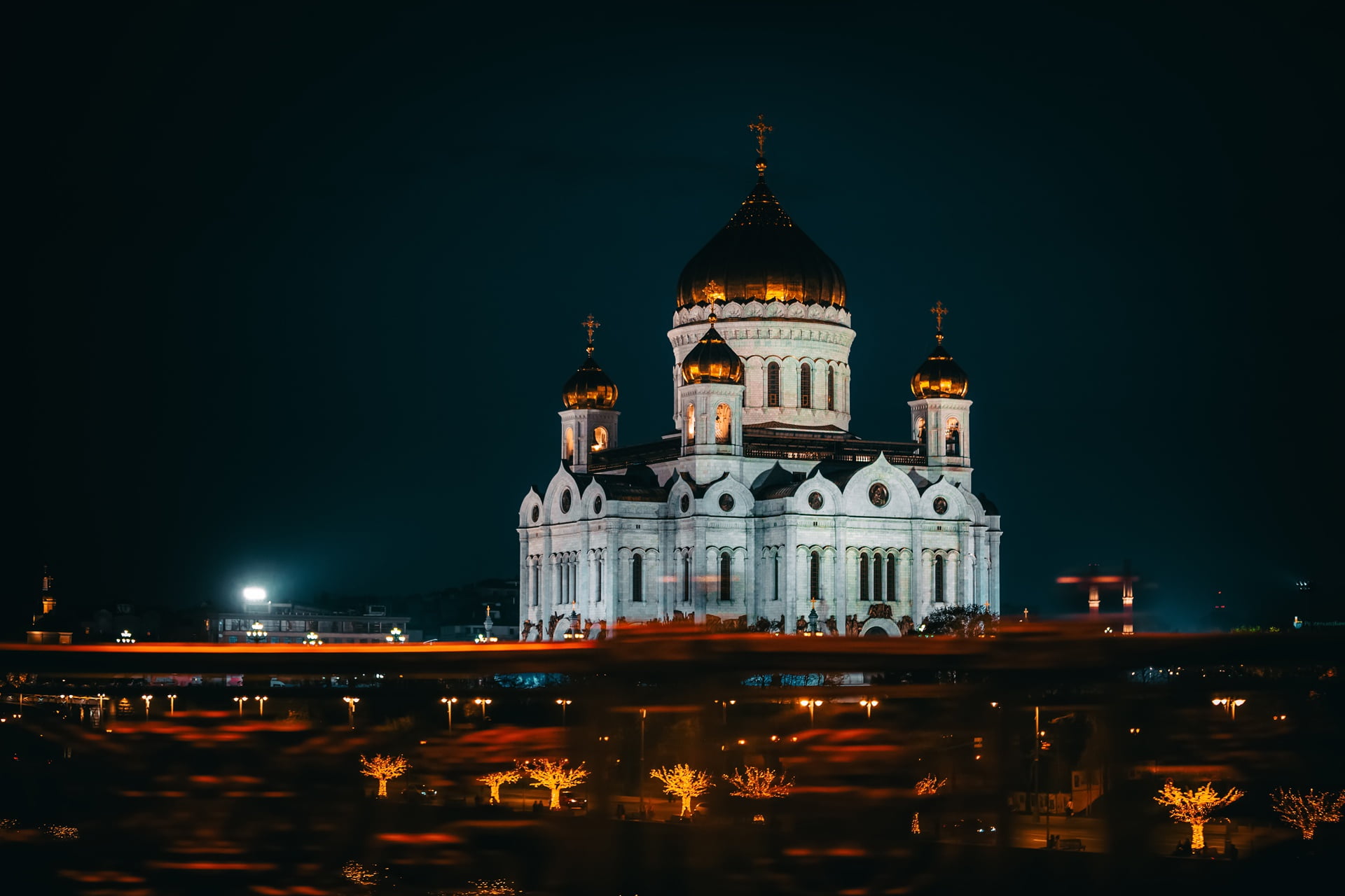 bridge, lighting, The Cathedral Of Christ The Savior, temple, HHS, 1080P, the city, Moscow, night, HD Wallpaper