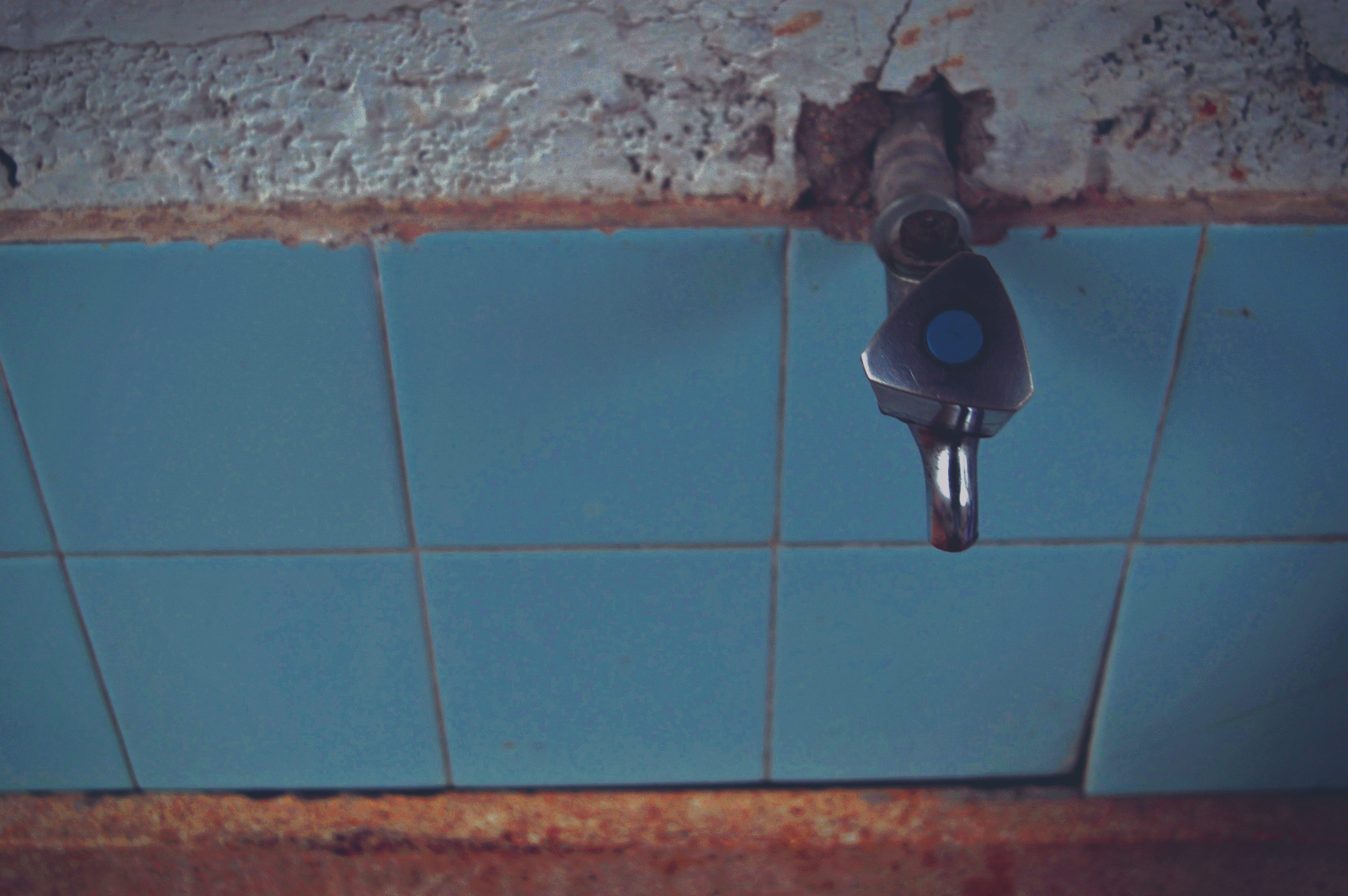 built structure, wall - building feature, old, tiled floor, technology, blue, lighting equipment, water tap, hanging, 5K, day, tile, indoors, flooring, HD Wallpaper