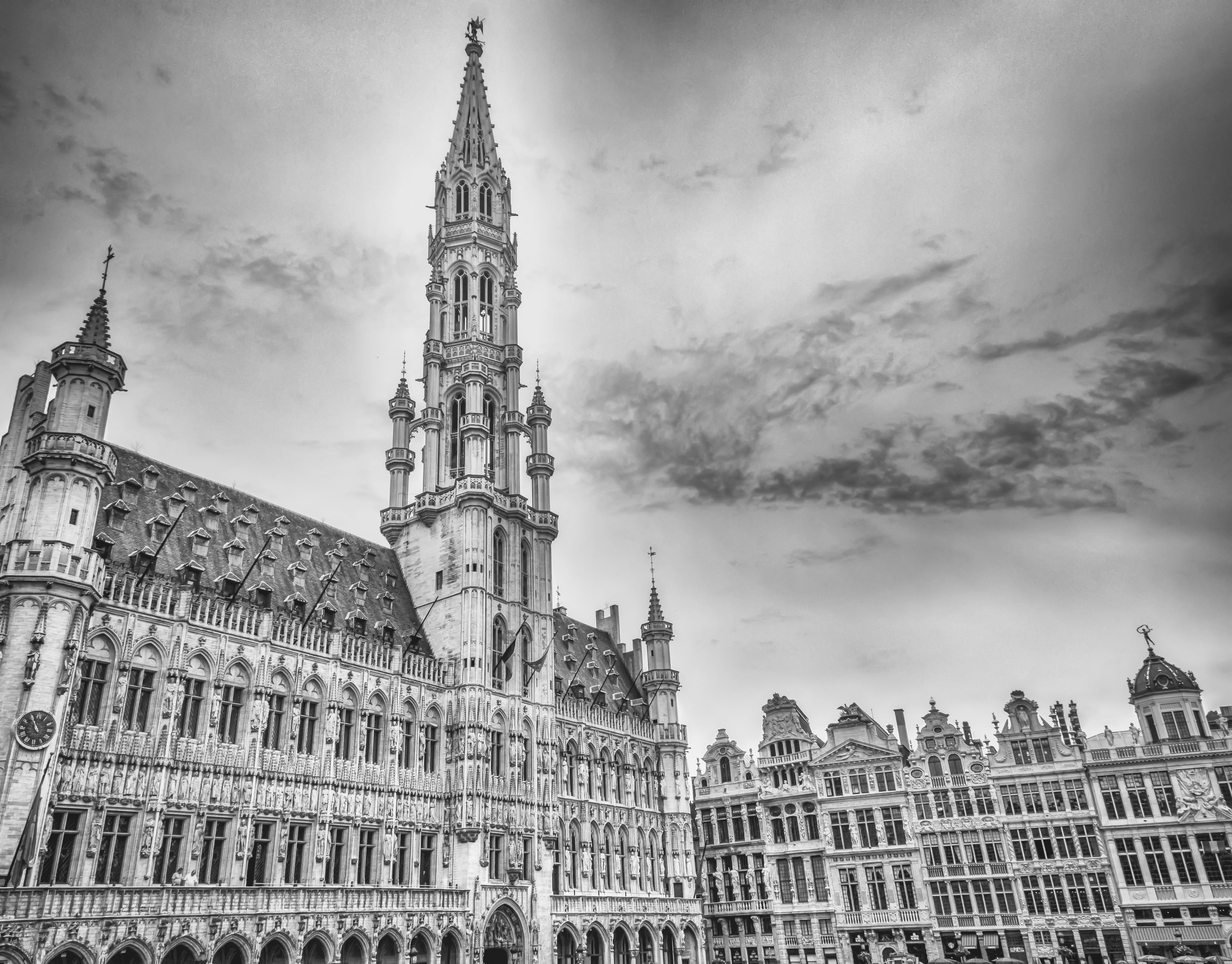 no people, cityscape, brussels town hall, centre, government, built structure, black and white photo, day, turn, tower, city, gothic style, spire, historic square, HD Wallpaper
