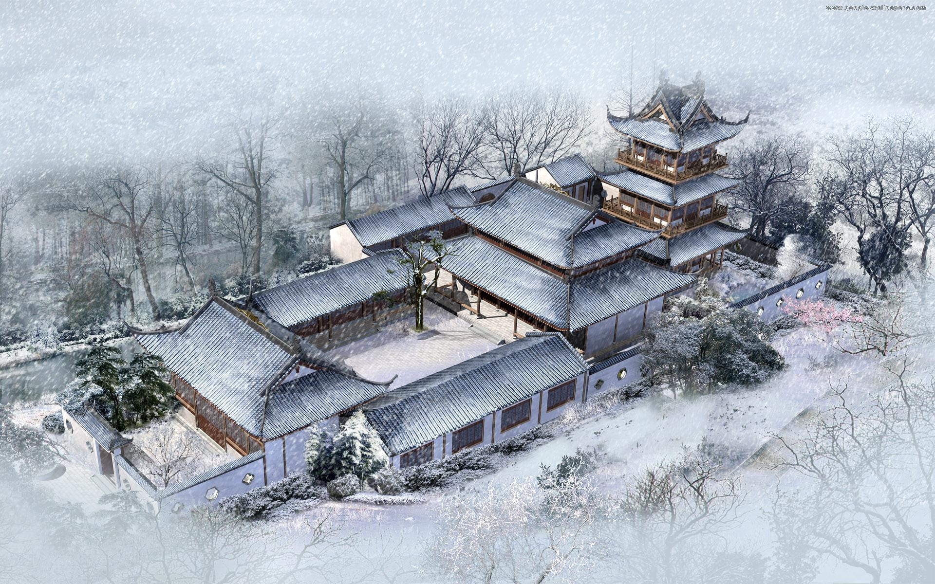 chinese, animals, painting, beautiful, house, snow, 1080P, winter, HD Wallpaper