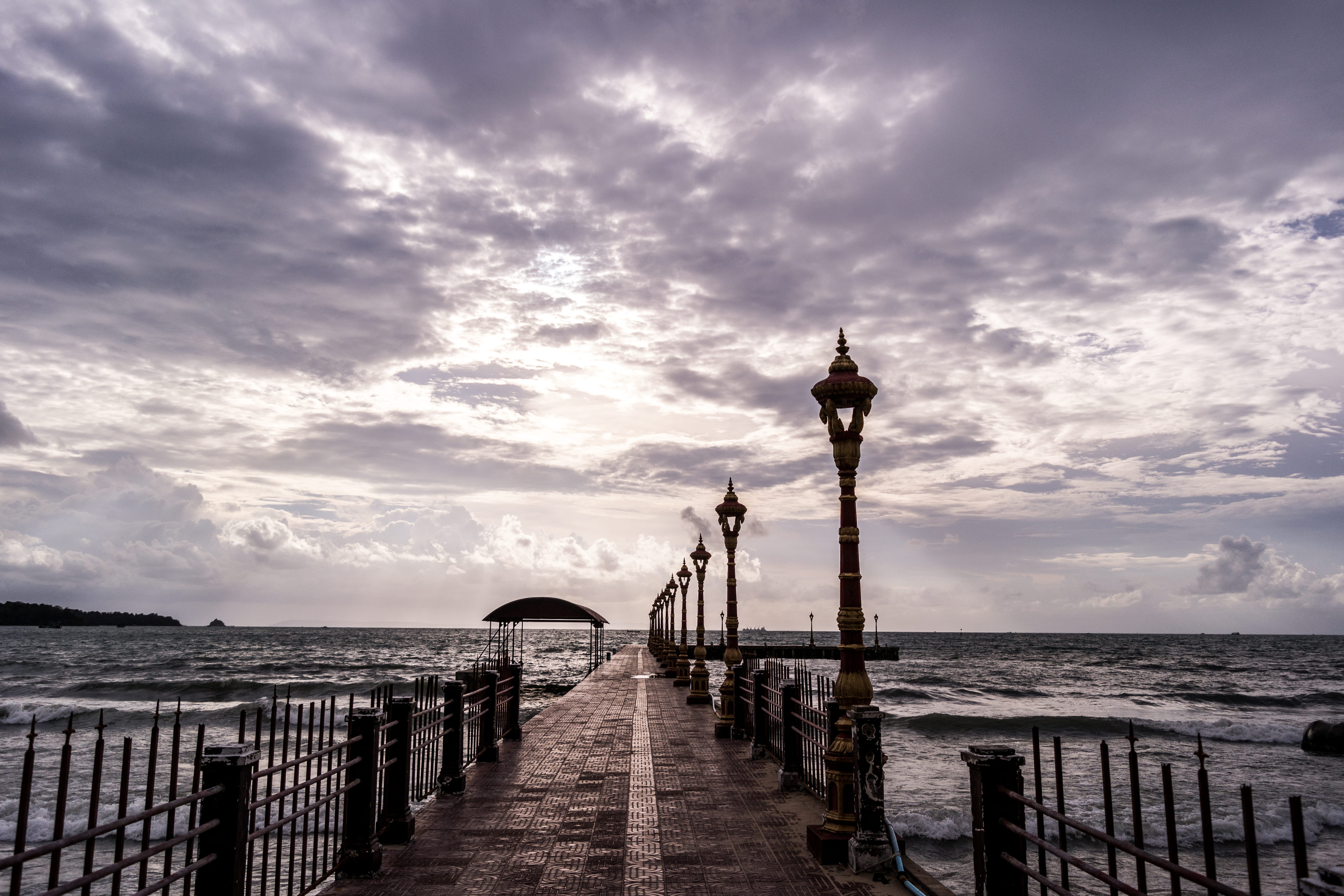 horizon, pier, beach, horizon over water, built structure, sea, cloud - sky, cloudy, water, beauty in nature, 5K, bridge, cambodia, nature, sky, direction, HD Wallpaper