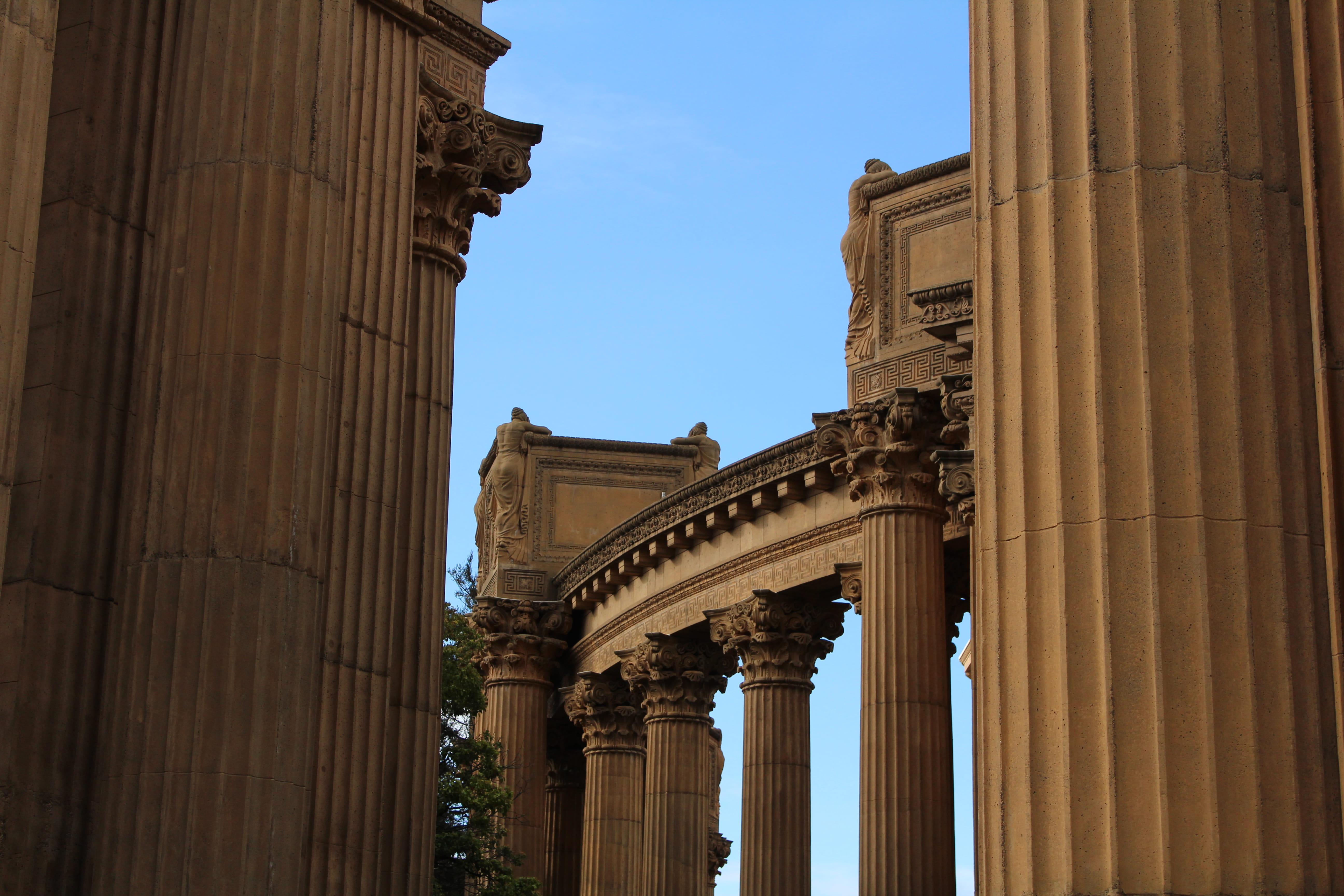 ancient, no people, sky, tourism, architectural column, pillars, building exterior, history, palace of fine arts, united states, clear sky, greek, ancient civilization, HD Wallpaper