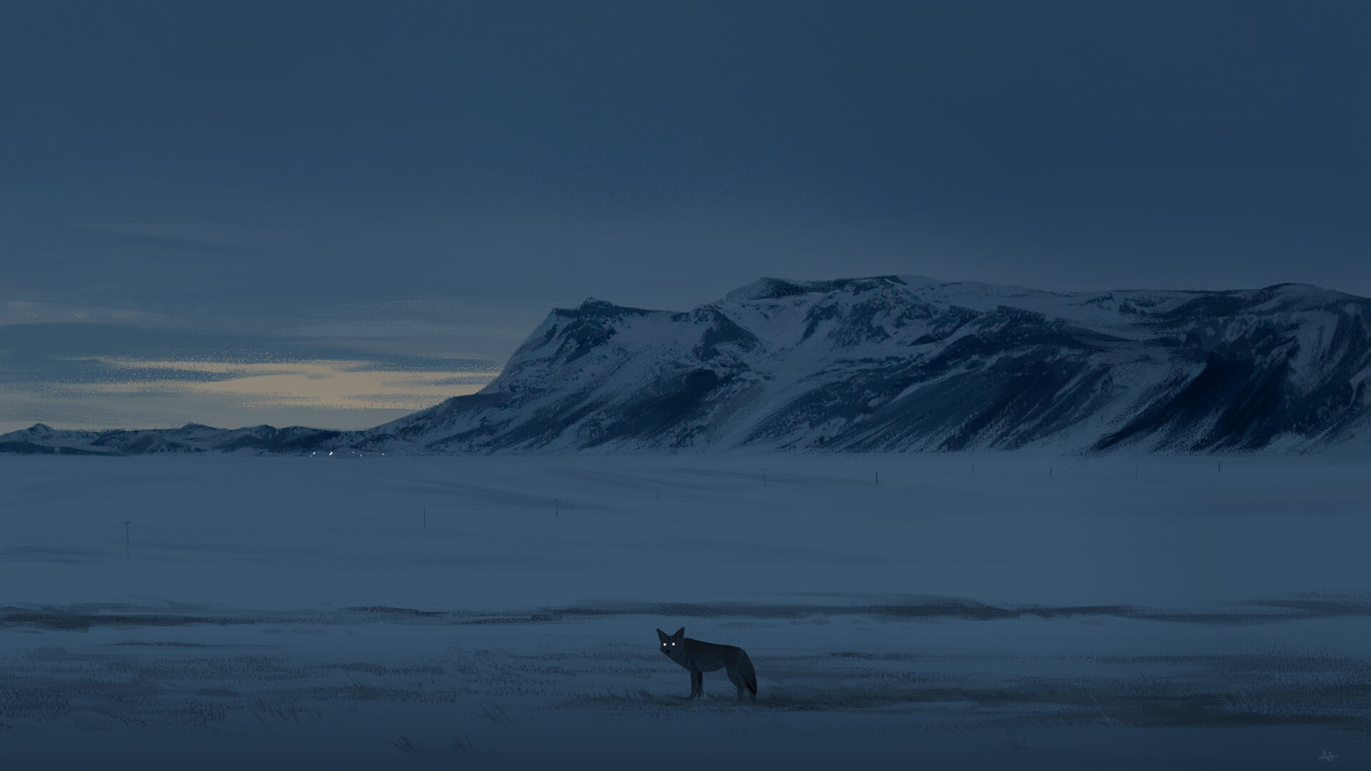 nature, dusk, painting, snow, 1080P, Alexandria Neonakis, fox, digital art, mountains, HD Wallpaper