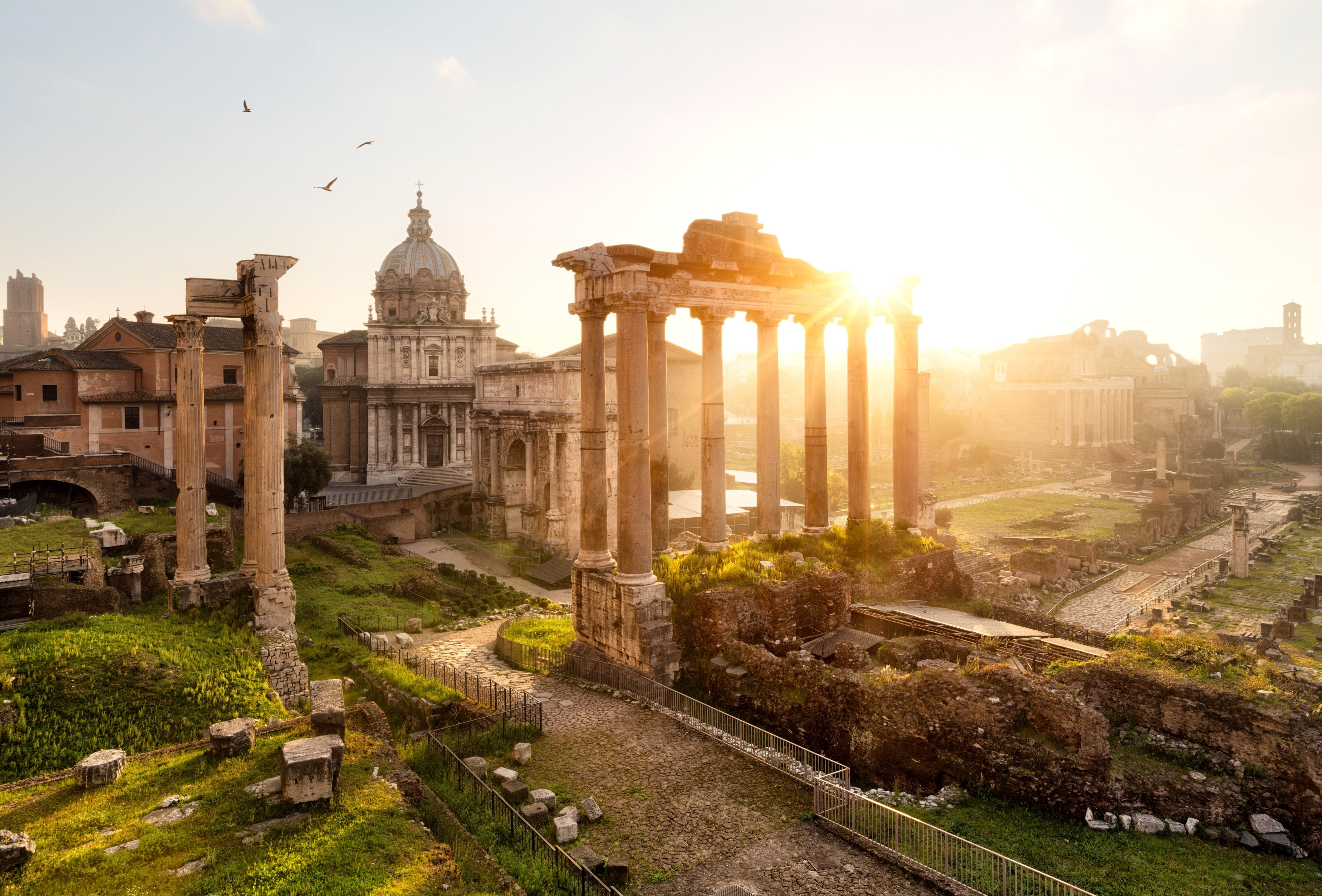 5K, sky, outdoors, travel destinations, architecture, the past, lens flare, archaeology, city, Italy, history, ruined, landscape, tourism, no people, religion, HD Wallpaper