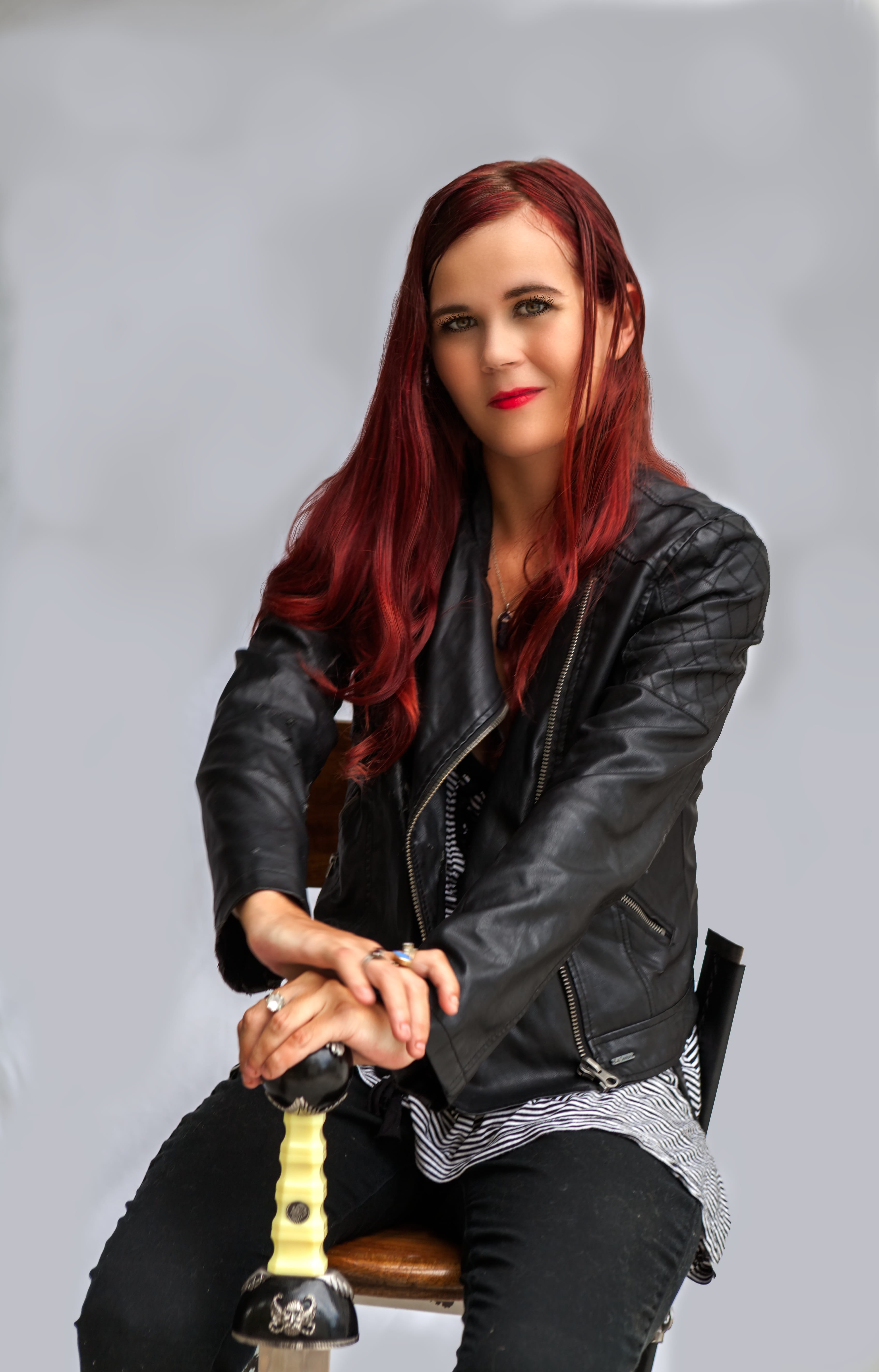 leather, young women, leather jacket, clothing, fashion, 5K, front view, three quarter length, beautiful woman, women, sword fighter, hairstyle, looking at camera, Phone HD Wallpaper