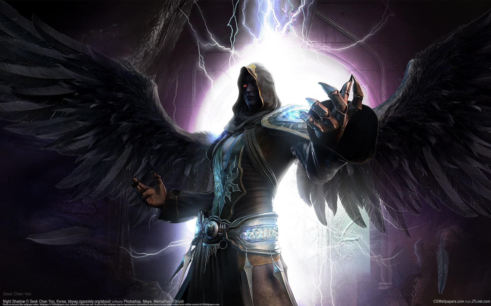 3d, 1080P, wings, abstract, anime, 3d and, dark, angel, knight, video game, fighter, fantasy, dream, game, HD Wallpaper