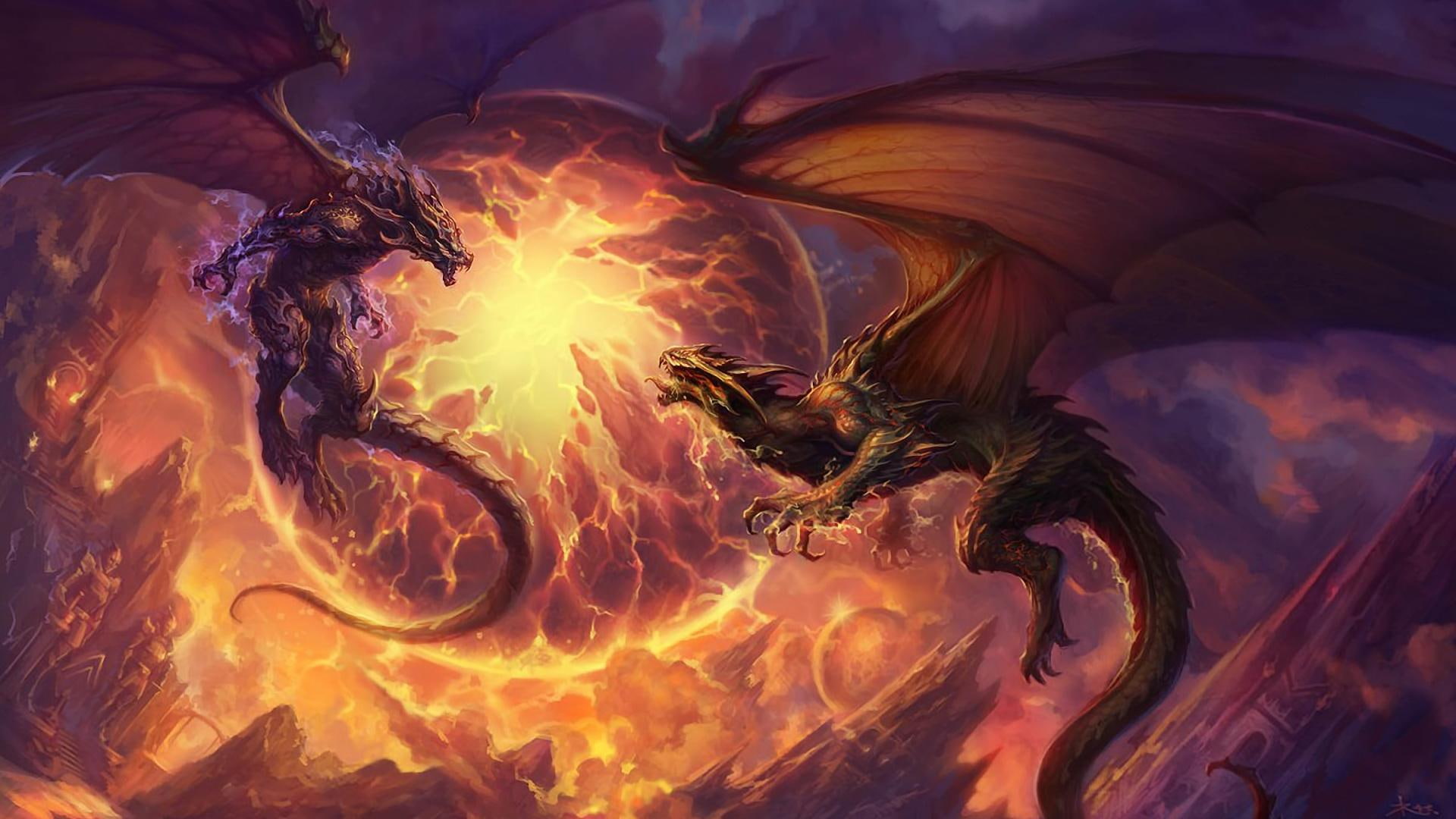 3d and abstract, almighty, fight, battle, dragons, 1080P, power, HD Wallpaper