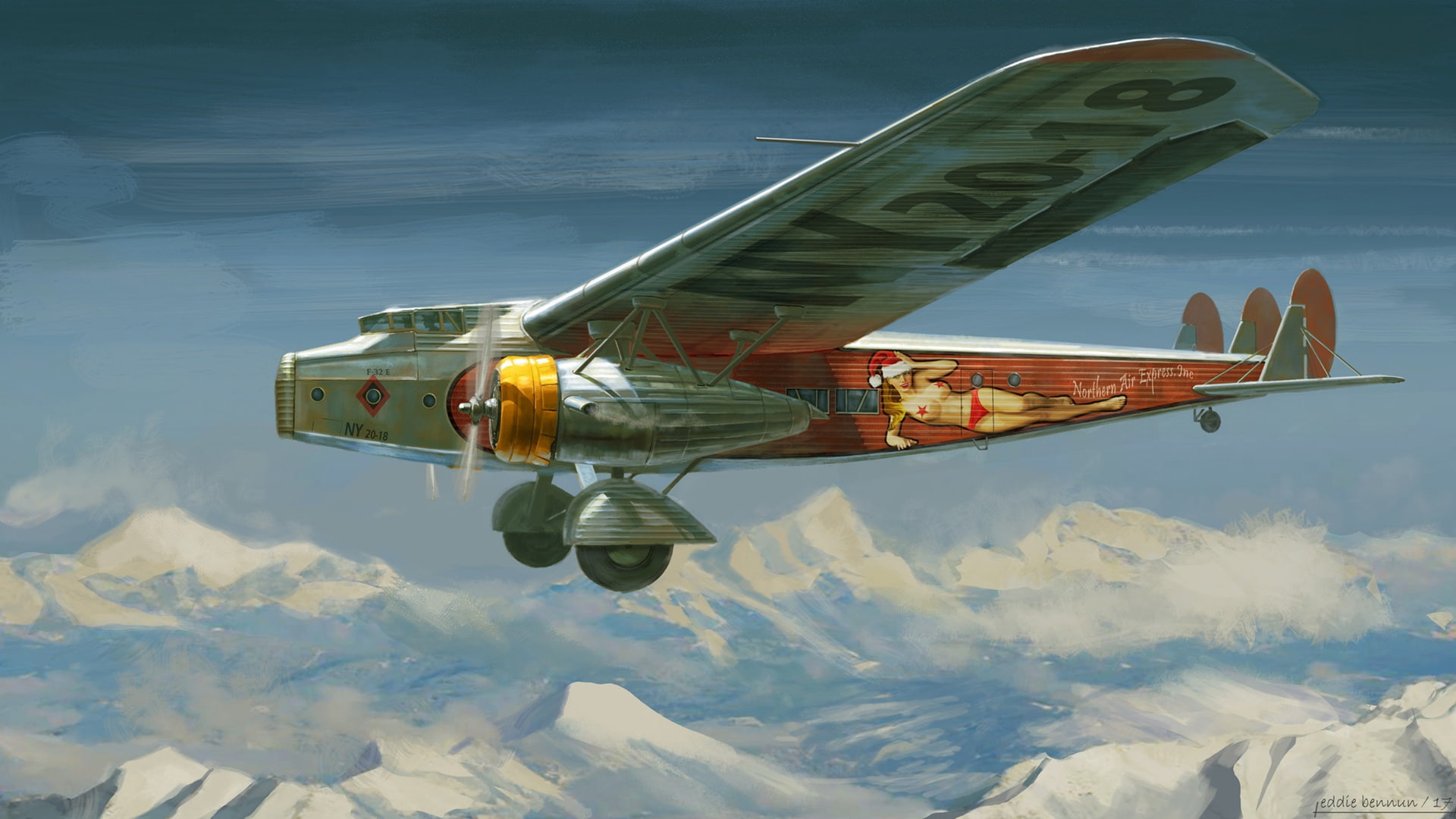 1080P, Turboprop, Figure, by Eddie Bennun, The sky, Eddie Bennun, Illustration, flies, Happy Holidays, The plane, Art, HD Wallpaper