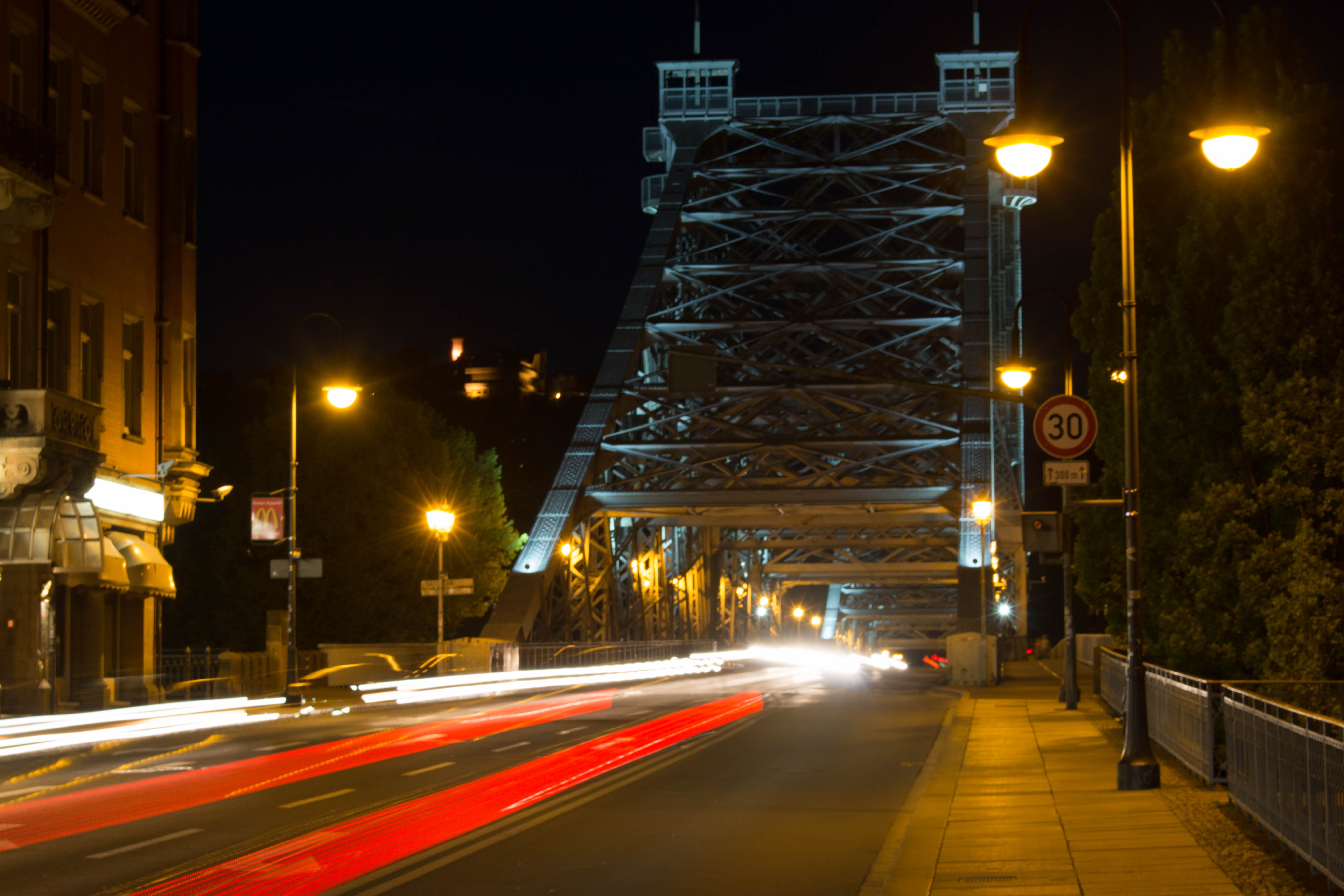 bridge, outdoors, no people, the way forward, blurred motion, illuminated, transportation, 5K, elbe, building exterior, long exposure, architecture, building, HD Wallpaper