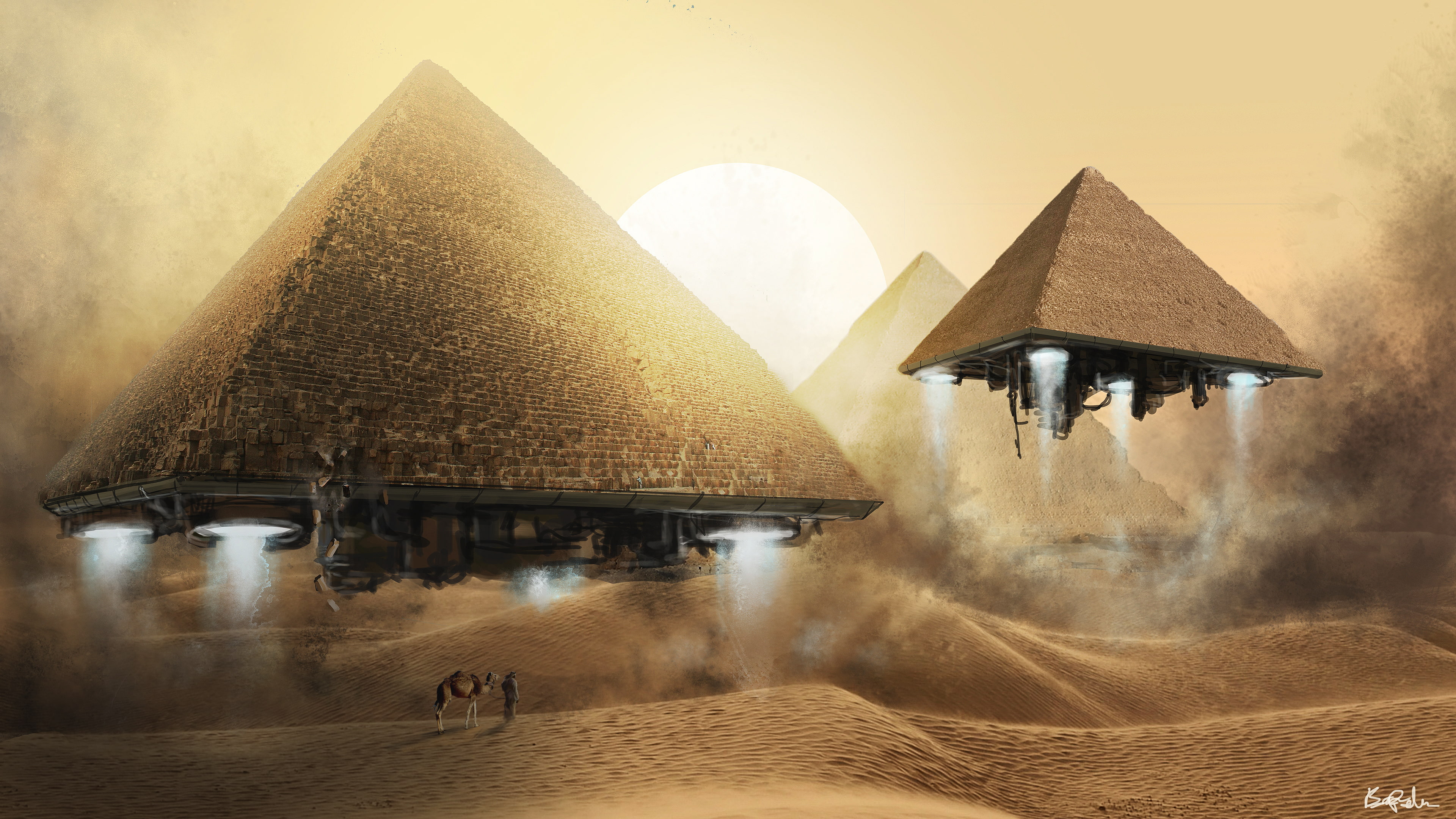 Sci Fi, Egyptian, 4K, Artistic, Desert, Sand, Pyramid, Spaceship, HD Wallpaper