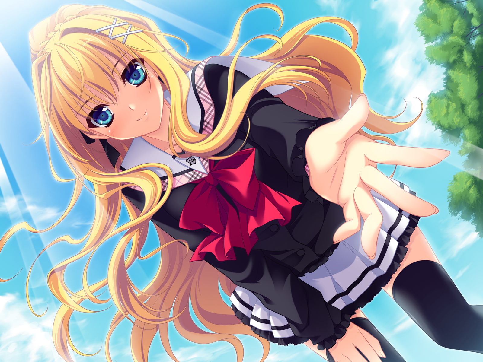 long, thighhighs, blue, 720P, blonde, hair, game, eyes, kusunoki, aneiro, seifuku, ena, riv, HD Wallpaper