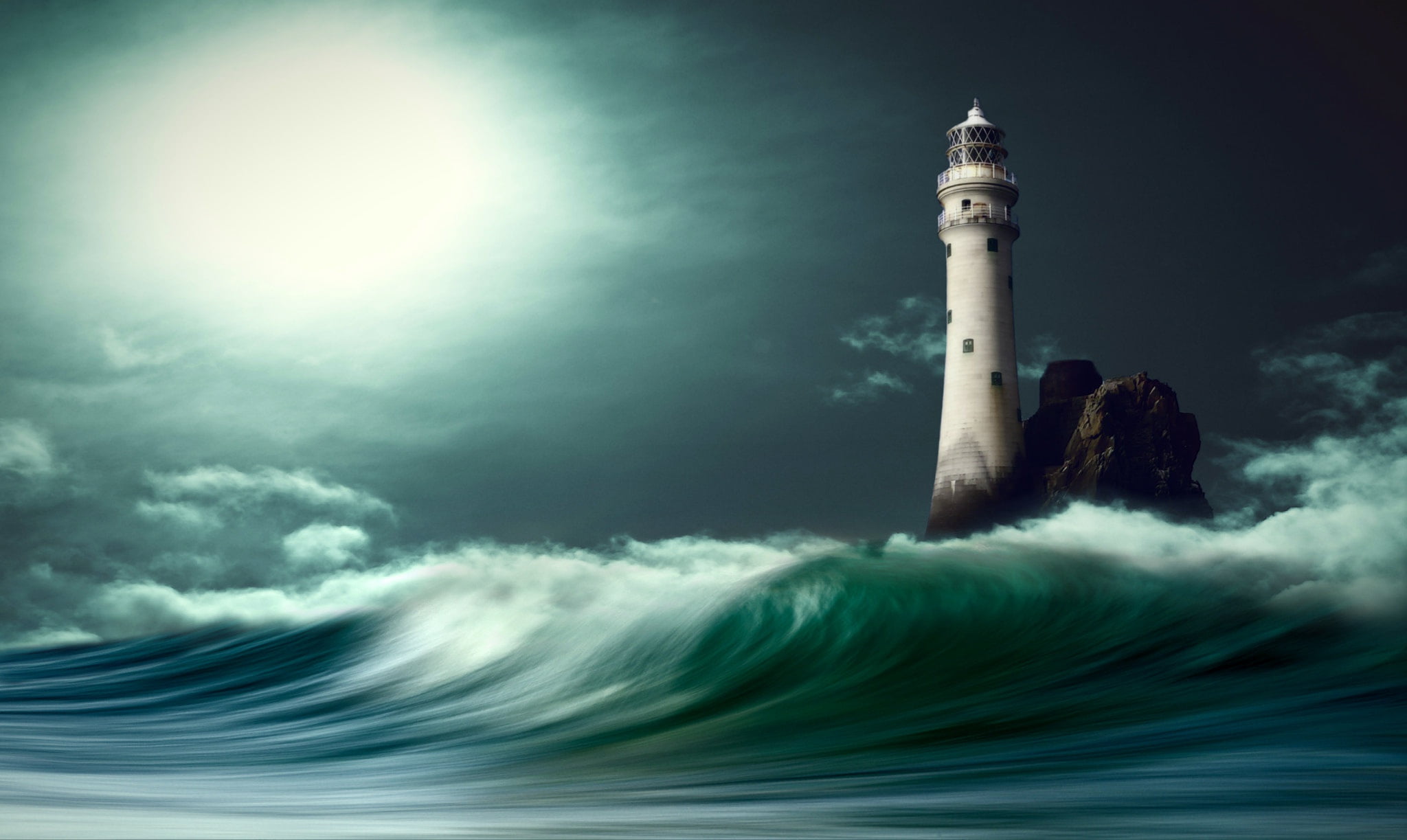 clouds, lighthouse, nikos Bantouvakis, light, sea, graphics, digital art, 1080P, night, wave, HD Wallpaper