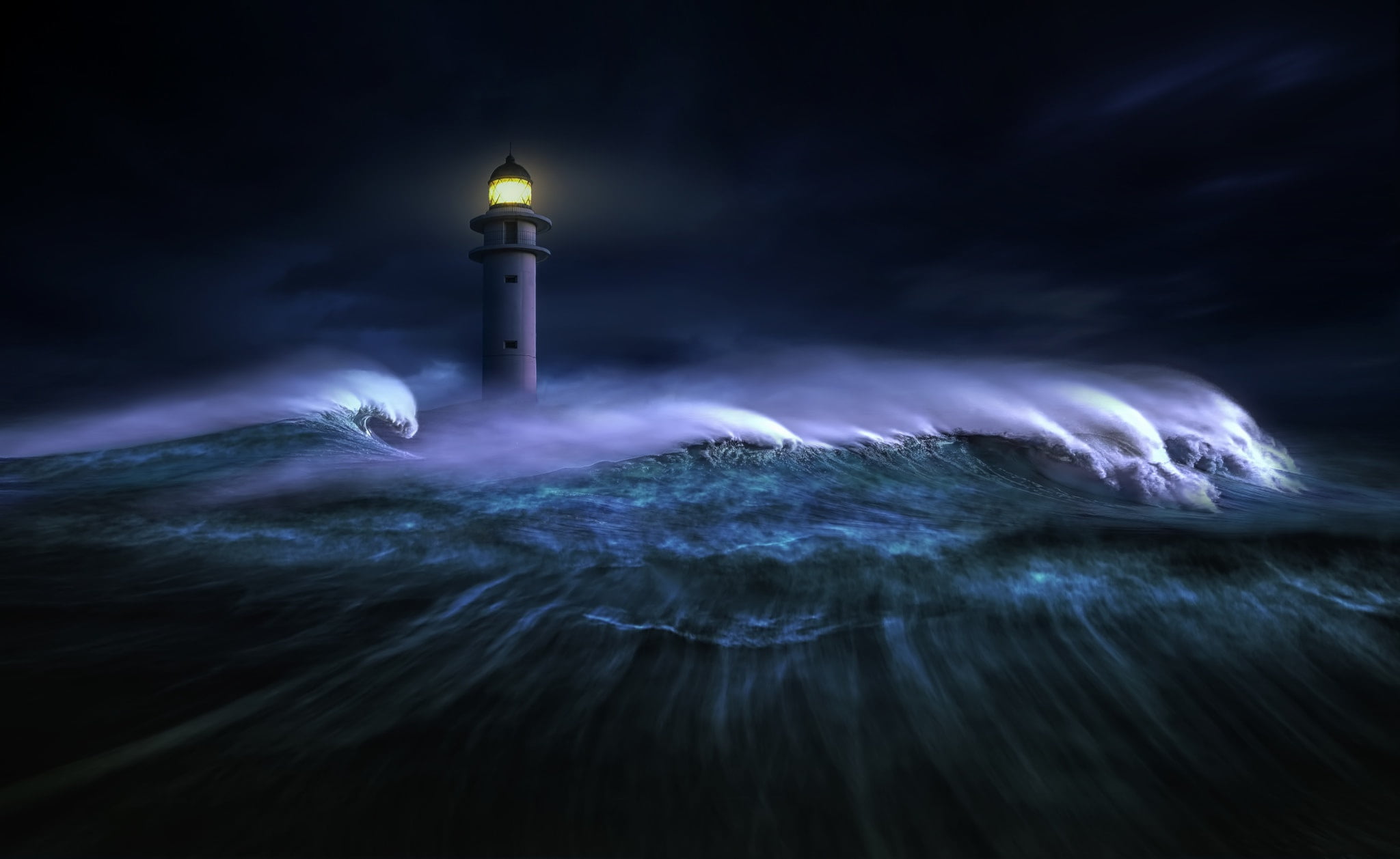 darkness, digital art, night, 1080P, lighthouse, graphics, nikos Bantouvakis, wave, sea, light, HD Wallpaper