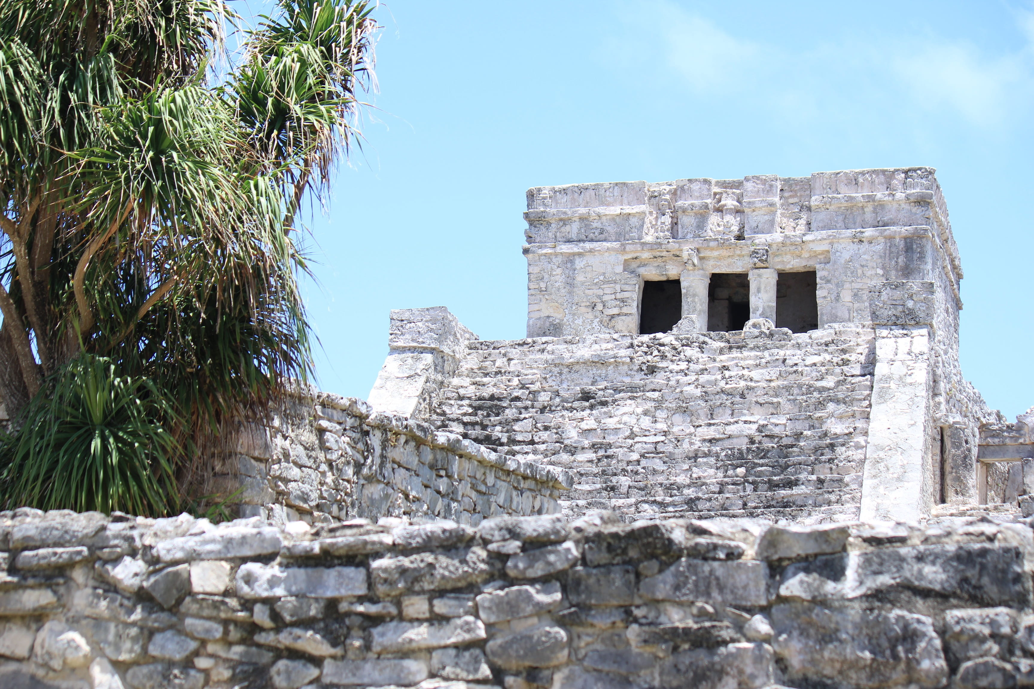 gray, maya, 2K, archaeology, leafed, sky, landscape, tree, concrete, wall, travel destinations, caribbean, ruins, building, ancient, solid, tourism, blue, HD Wallpaper
