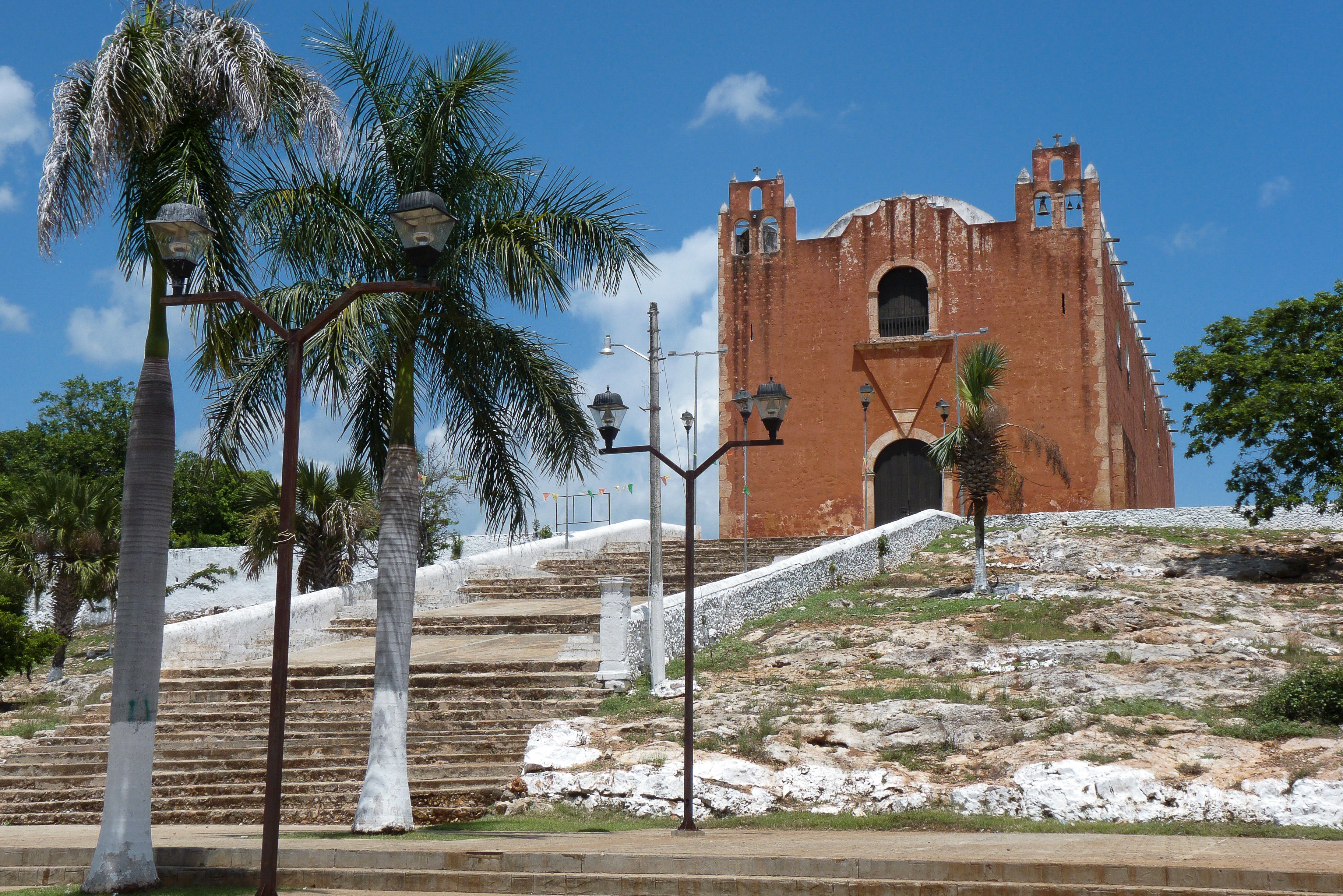 no people, outdoors, mexico, building exterior, yucatan, palm tree, church, building, tree, tropical climate, religion, plant, day, nature, 2K, stone wall, HD Wallpaper