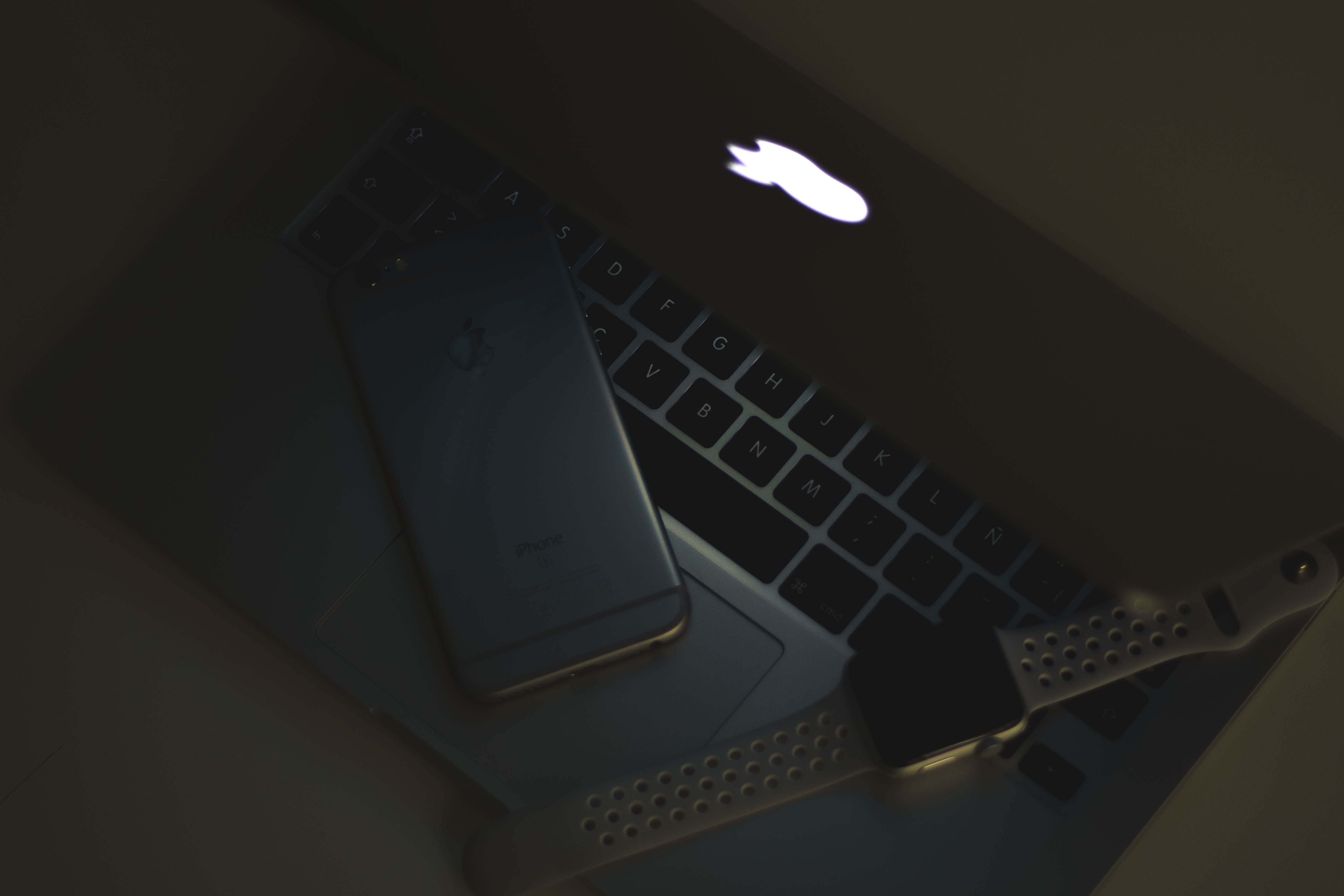 technology, high angle view, apple watch, macbook, mac, light, black background, business, computer keyboard, computer mouse, 4K, no people, computer, HD Wallpaper