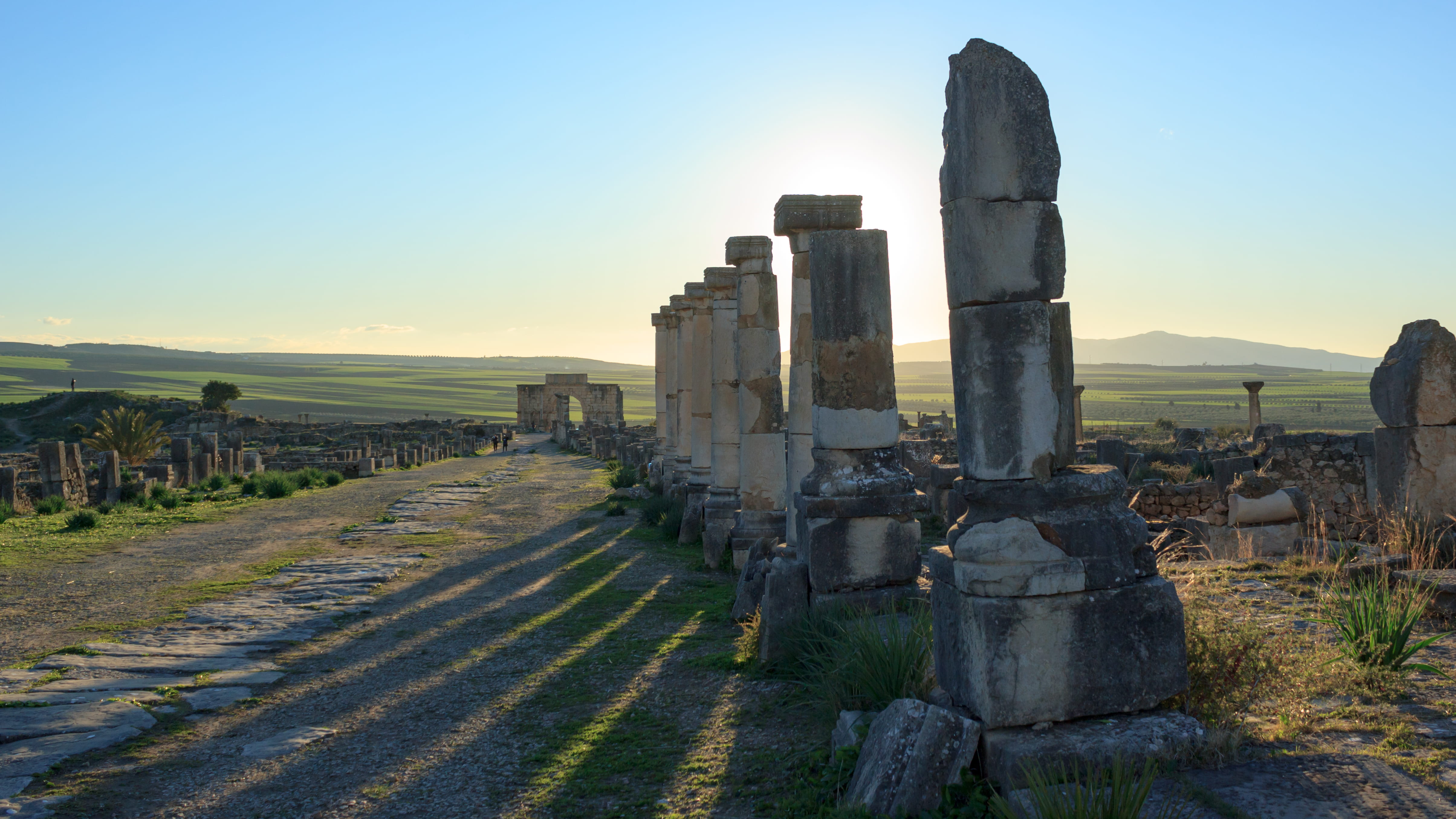 row, shadow, volubilis, nature, architecture, history, building exterior, ruin, outdoors, roman, the past, sunlight, city, tranquil scene, land, archeology, HD Wallpaper