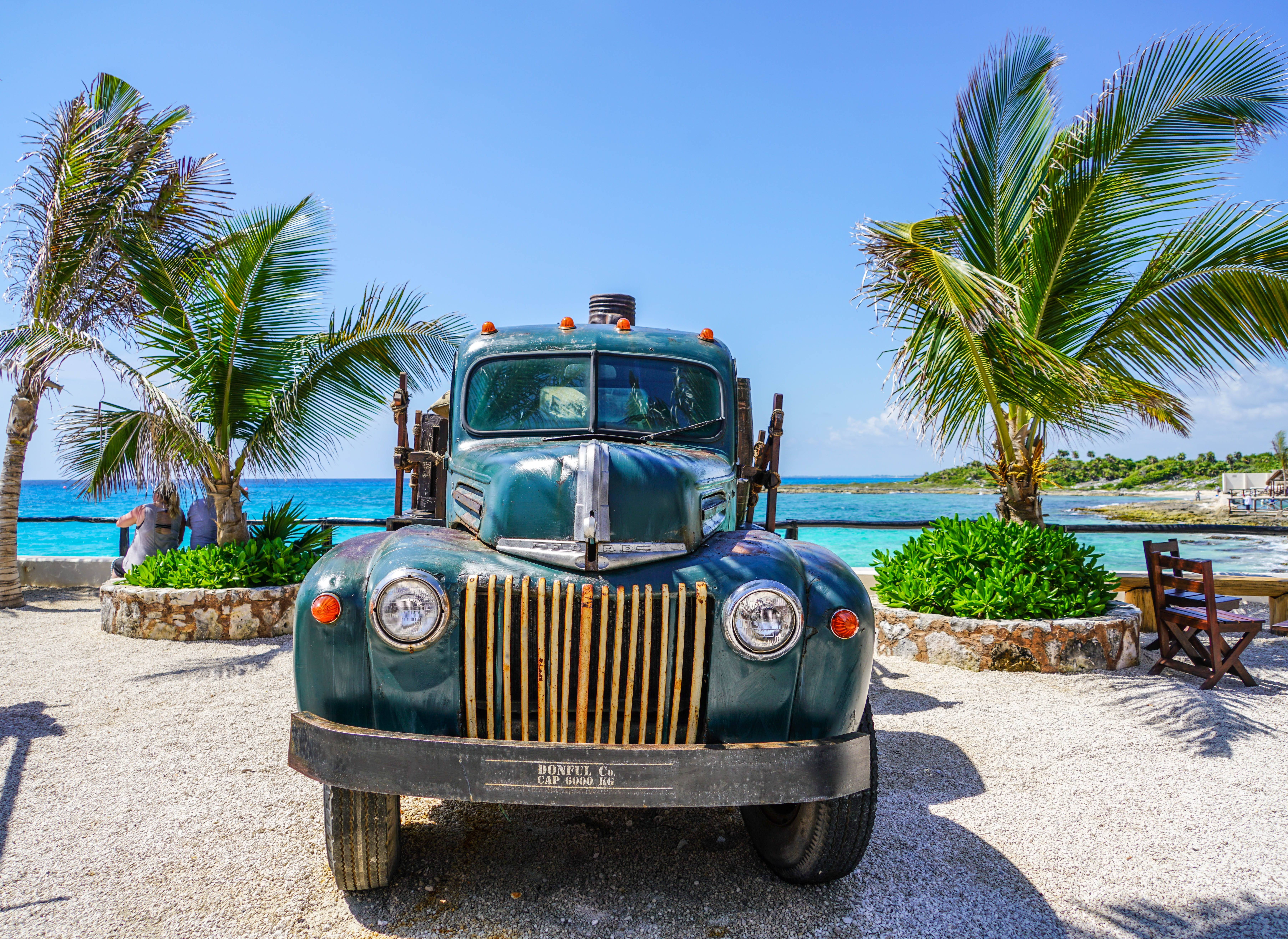 land vehicle, truck, cozumel, car, trees, mode of transportation, antique, pickup, weathered, sea, rustic, clear, palm tree, metal, vintage, sky, land, HD Wallpaper