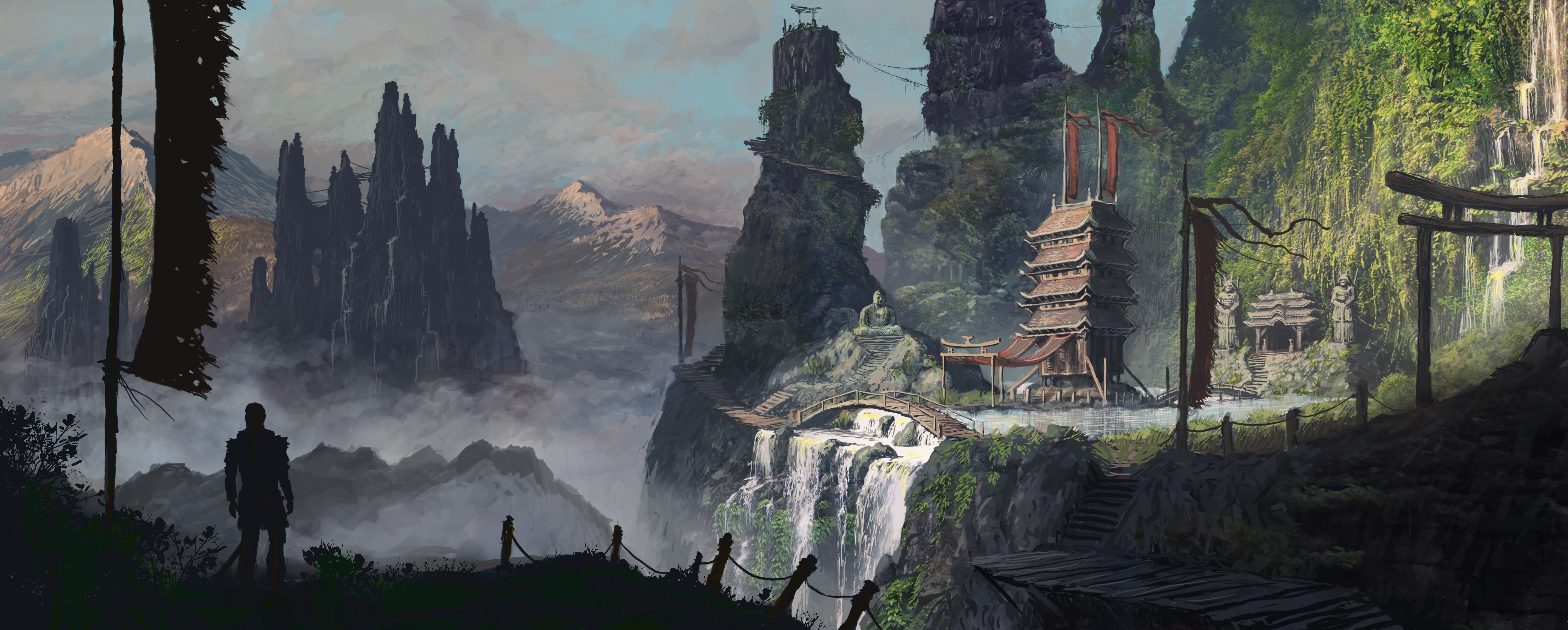 Asia, warrior, environment, 5K, landscape, samurai, fantasy art, statue, digital art, temple, mountains, HD Wallpaper