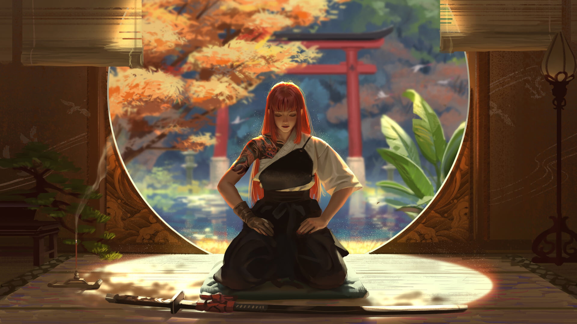 women, temple, 1080P, katana, meditation, warrior, samurai, HD Wallpaper