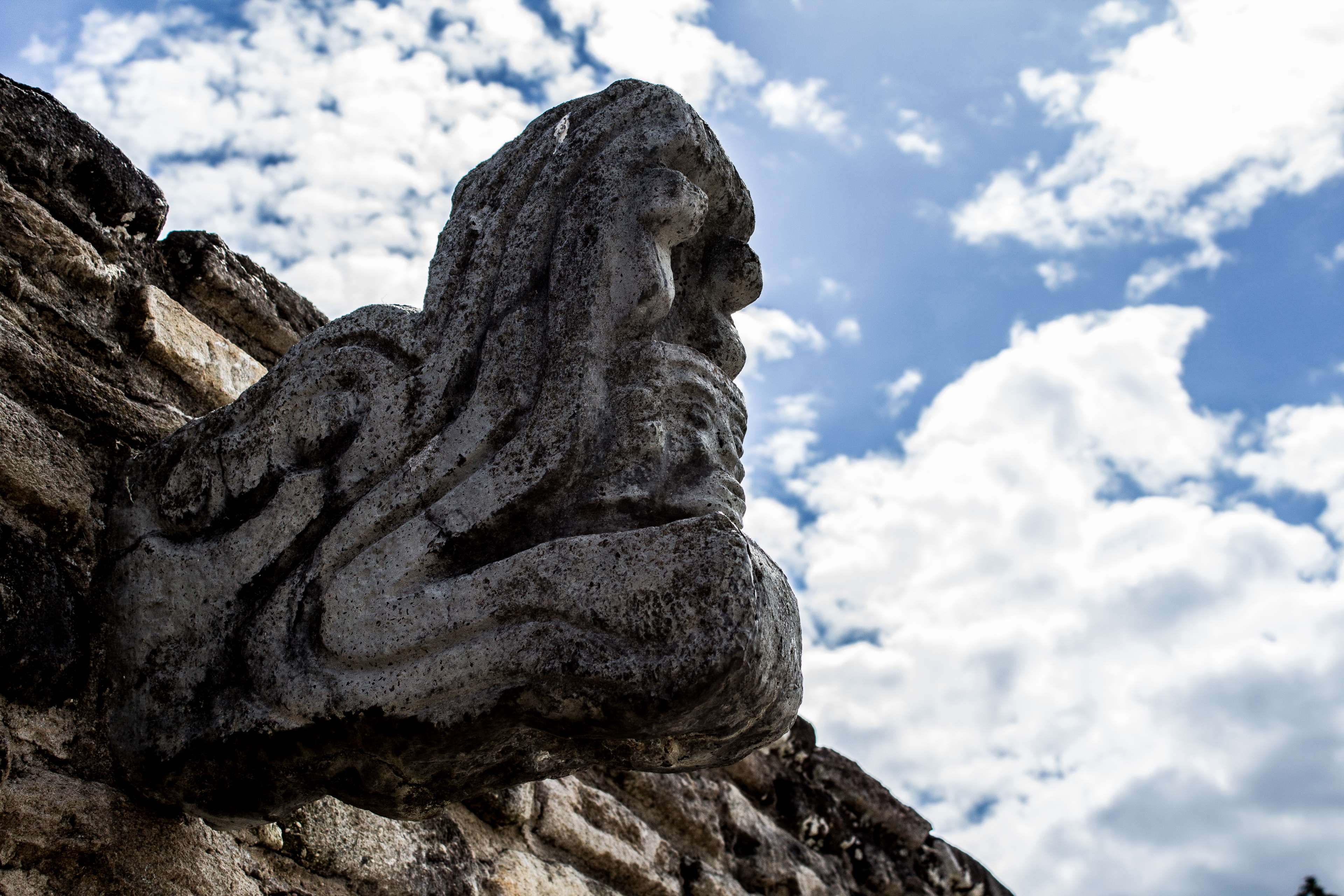 day, male likeness, sculpture, human representation, representation, solid, religion, ruinas, outdoors, belief, cloud - sky, sky, creativity, low angle view, HD Wallpaper