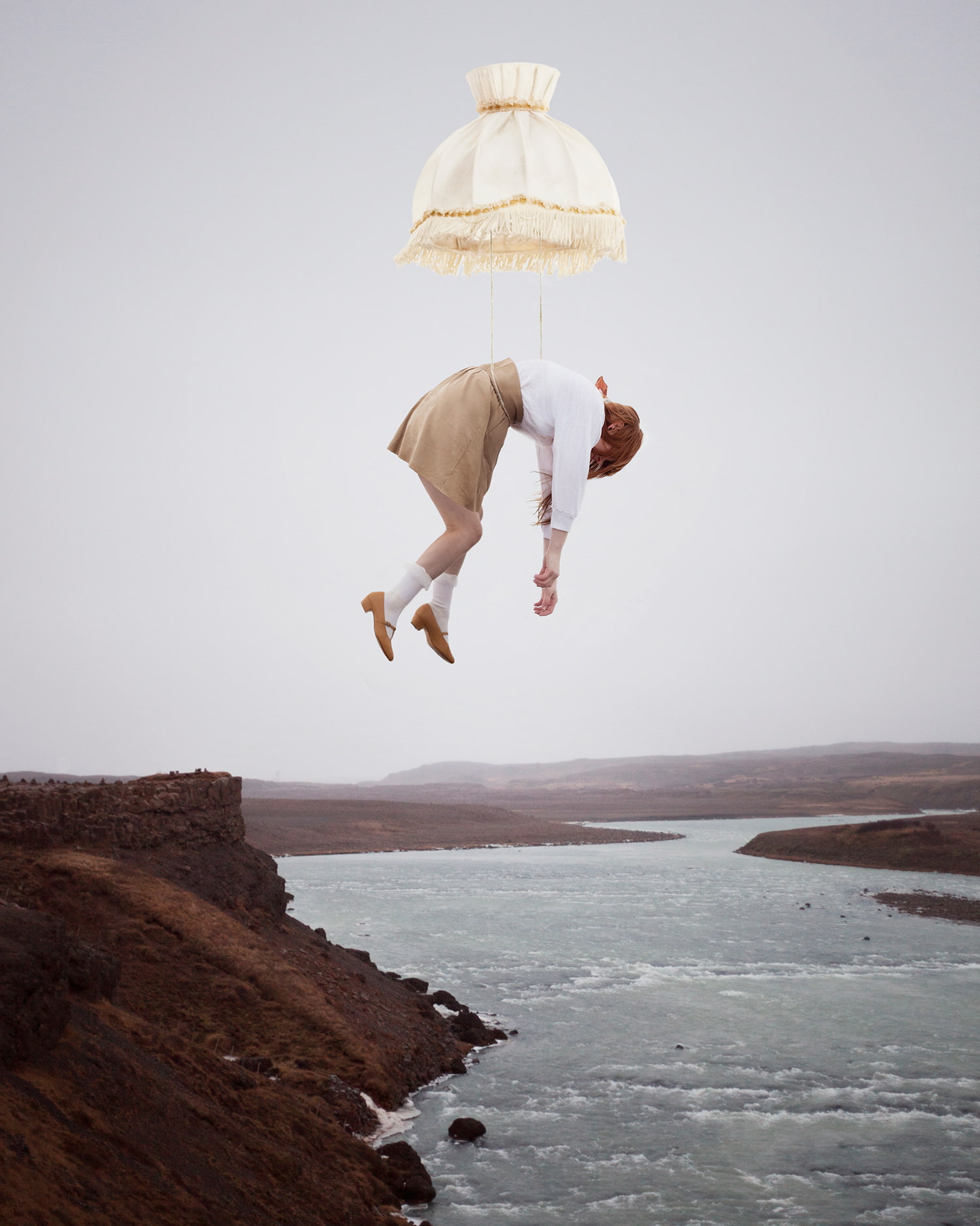 sea, redhead, floating, portrait display, surreal, lamp, skirt, rock, women, Maia Flore, clear sky, flying, blouse, nature, landscape, 720P, photography, Phone HD Wallpaper