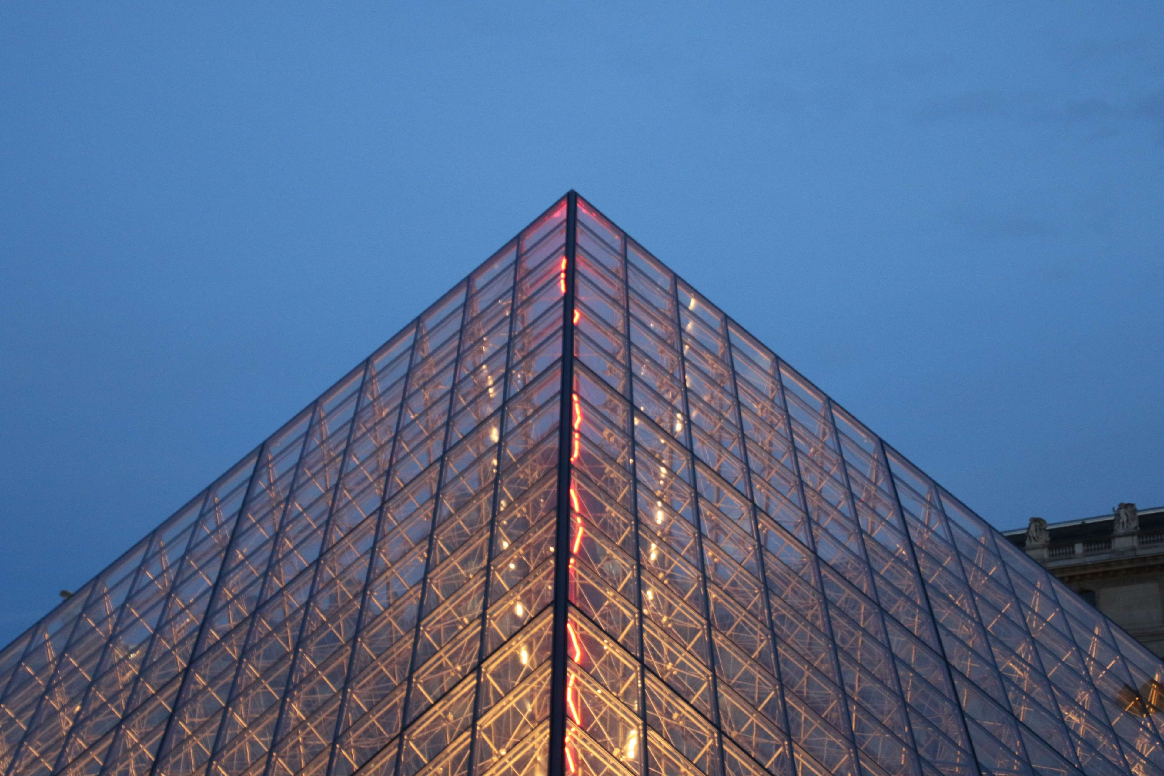 construction, light, evening, tall - high, outdoors, glass, sky, louvre, architecture, france, night, blue, modern, pattern, building, office, no people, HD Wallpaper