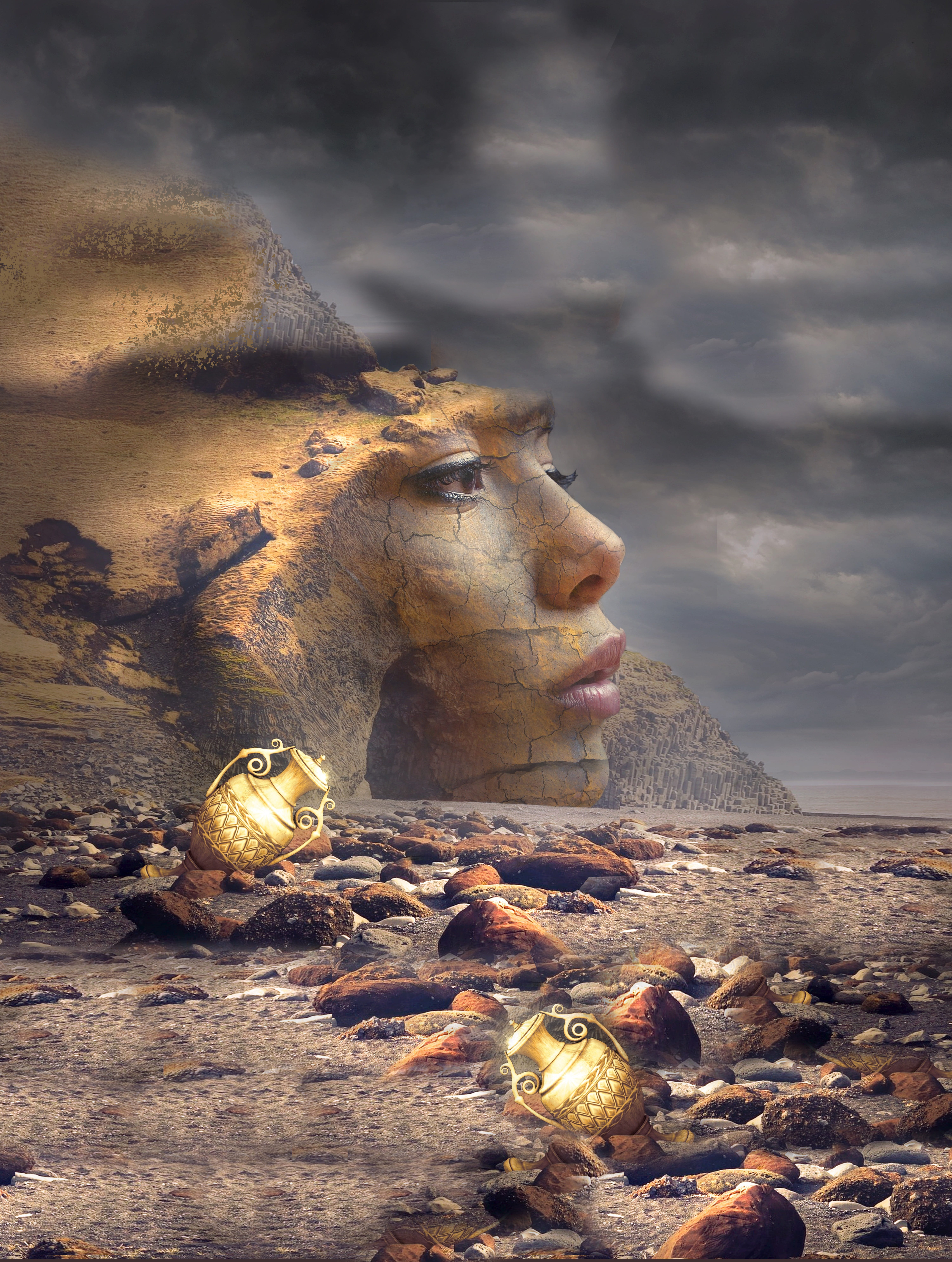 girl, piramide, rock, female, representation, young, human representation, solid, gold, animals in the wild, sea, rock - object, animal wildlife, woman, Phone HD Wallpaper