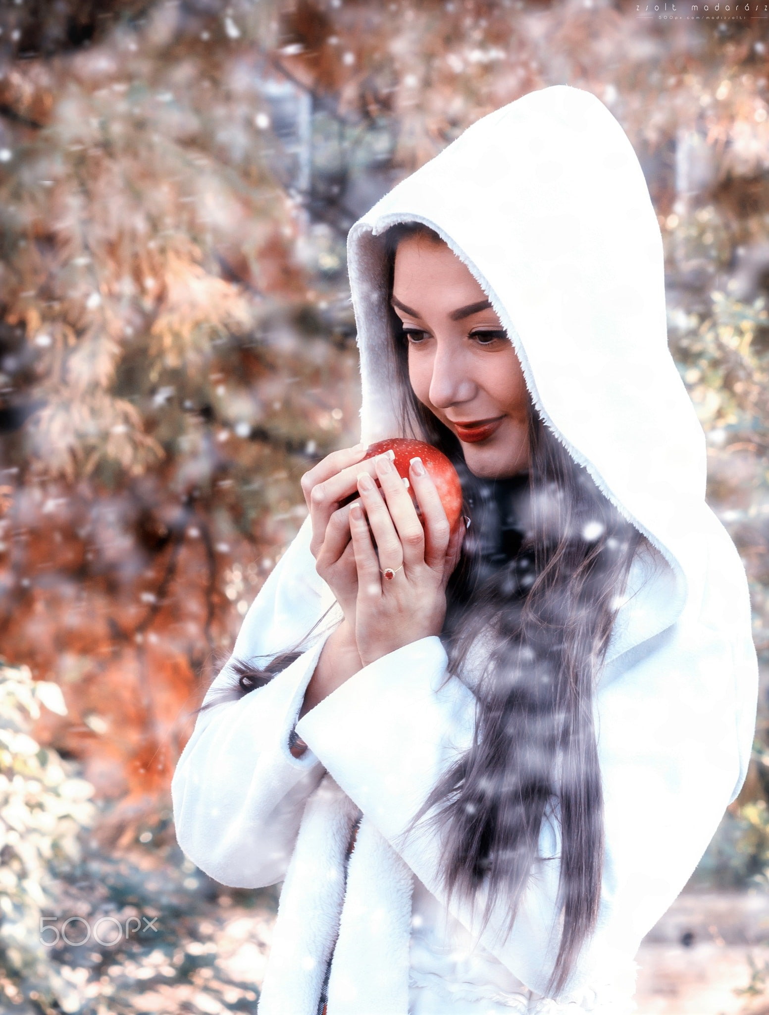 emotion, cheerful, face, clothing, happiness, women, apples, snowing, positive emotion, women outdoors, tree, cold temperature, beautiful woman, hands, Phone HD Wallpaper