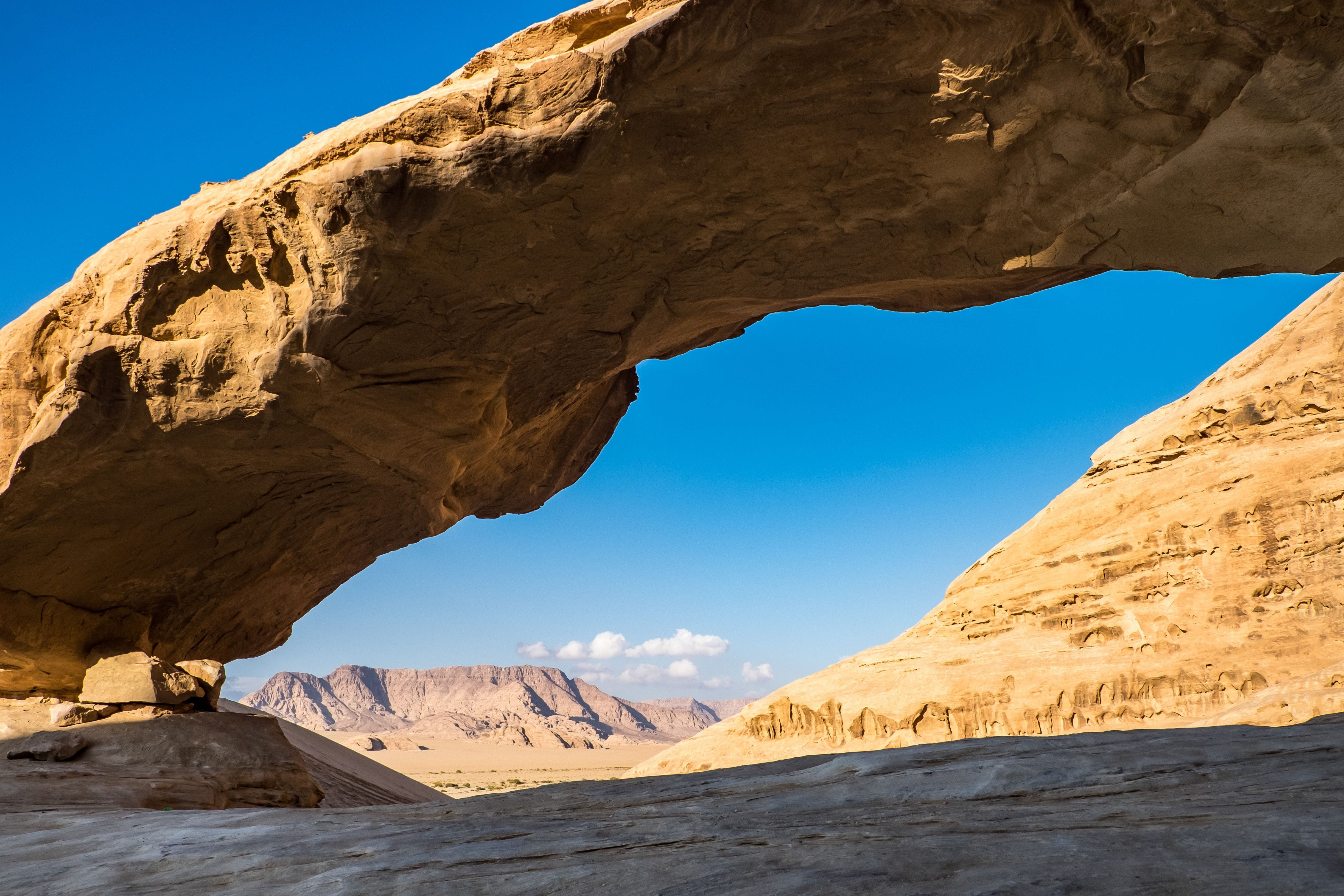 sky, scenics, mountain, tranquility, sunlight, outdoors, scenics - nature, rock, no people, Jordan, clear sky, Rock Bridge, geology, formation, travel destinations, HD Wallpaper