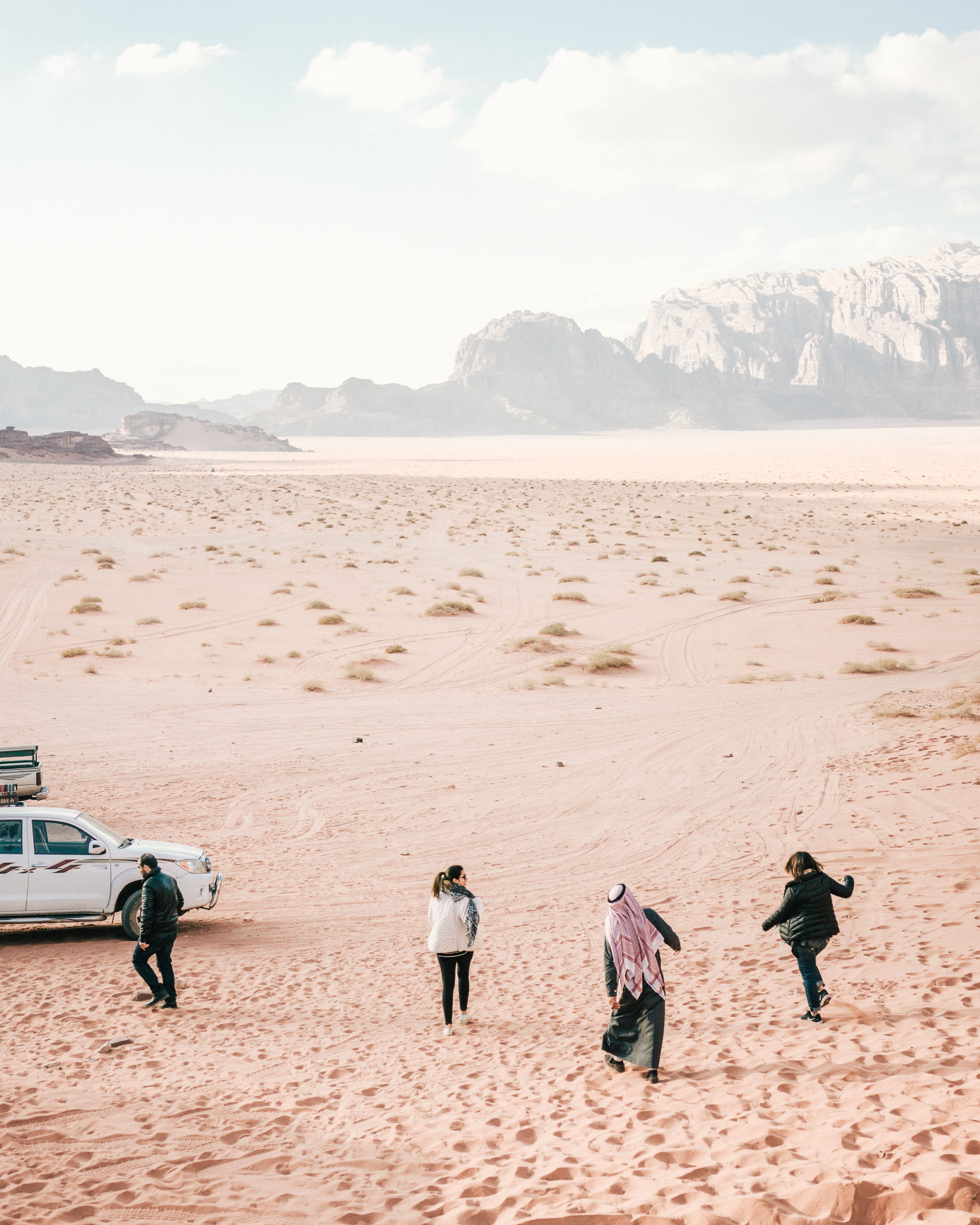 transportation, land, summer, nature, ocean, beauty in nature, day, standing, people, outdoors, wadi rum village, water, arid climate, vehicle, mountain, Phone HD Wallpaper