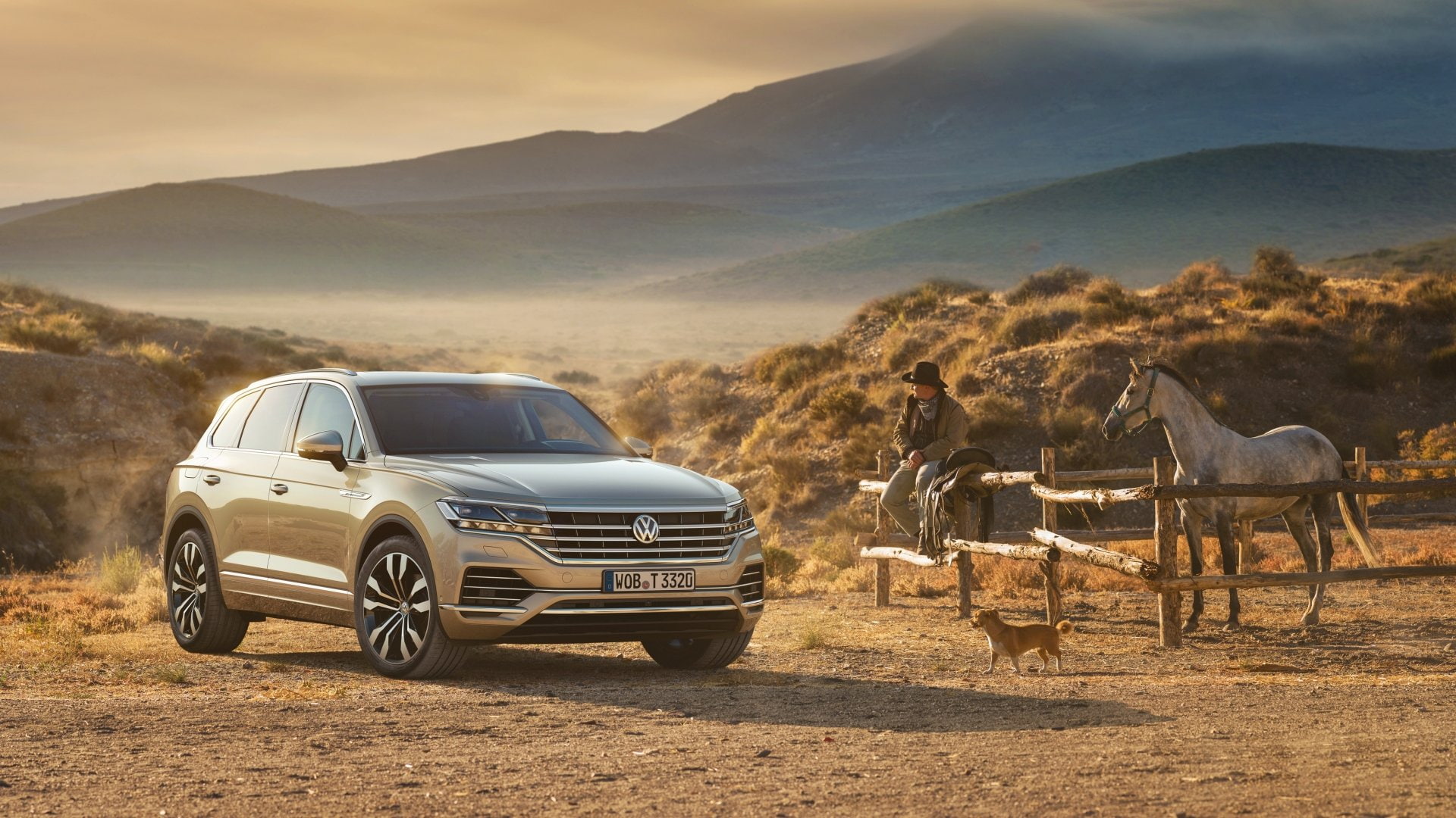 Car, Cowboy, Volkswagen, Horse, SUV, Vehicle, 1080P, Silver Car, Volkswagen Touareg, HD Wallpaper