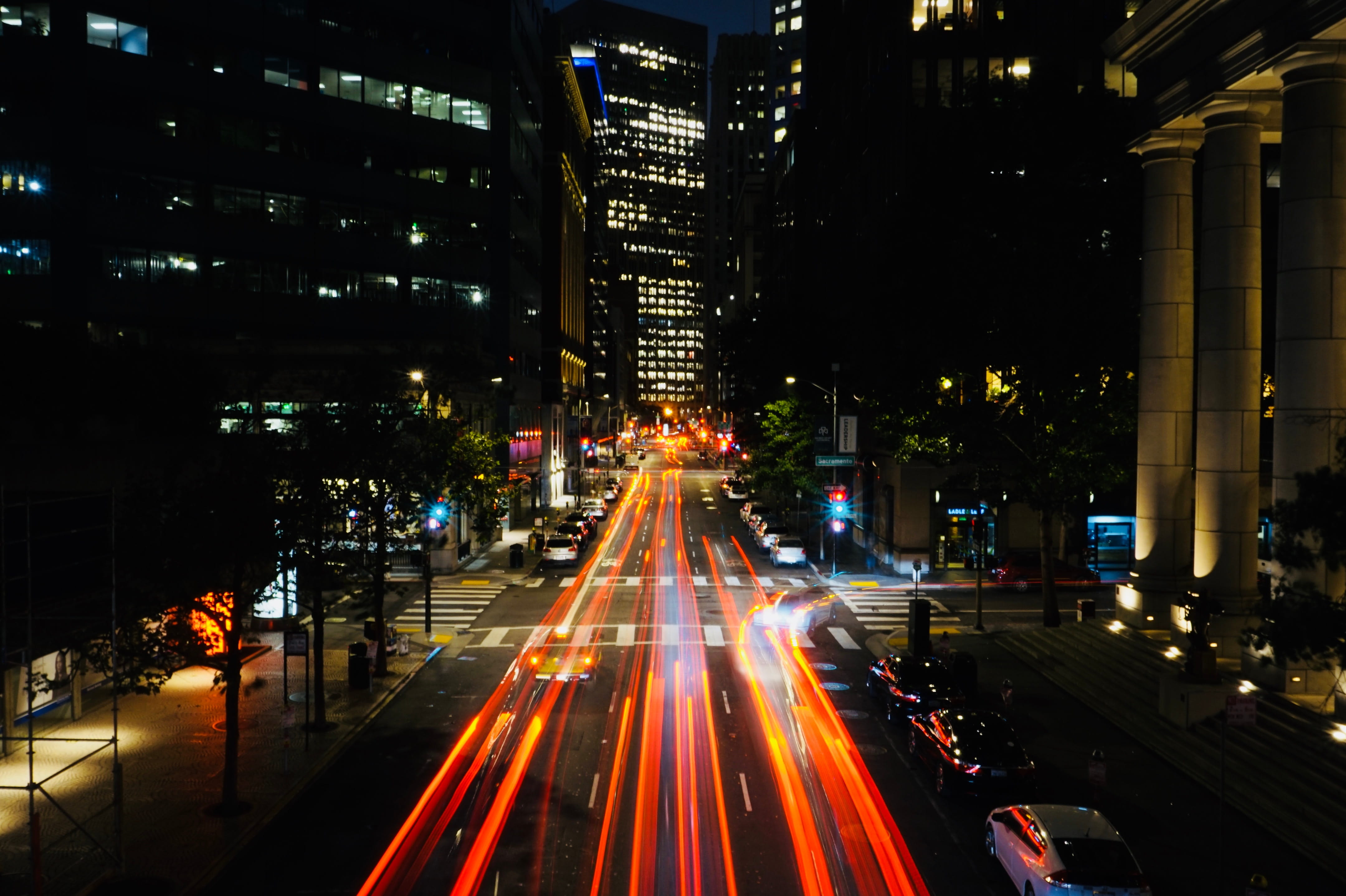 office building exterior, motion, san francisco, outdoors, financial district, city, no people, speed, illuminated, orange, built structure, street, architecture, HD Wallpaper