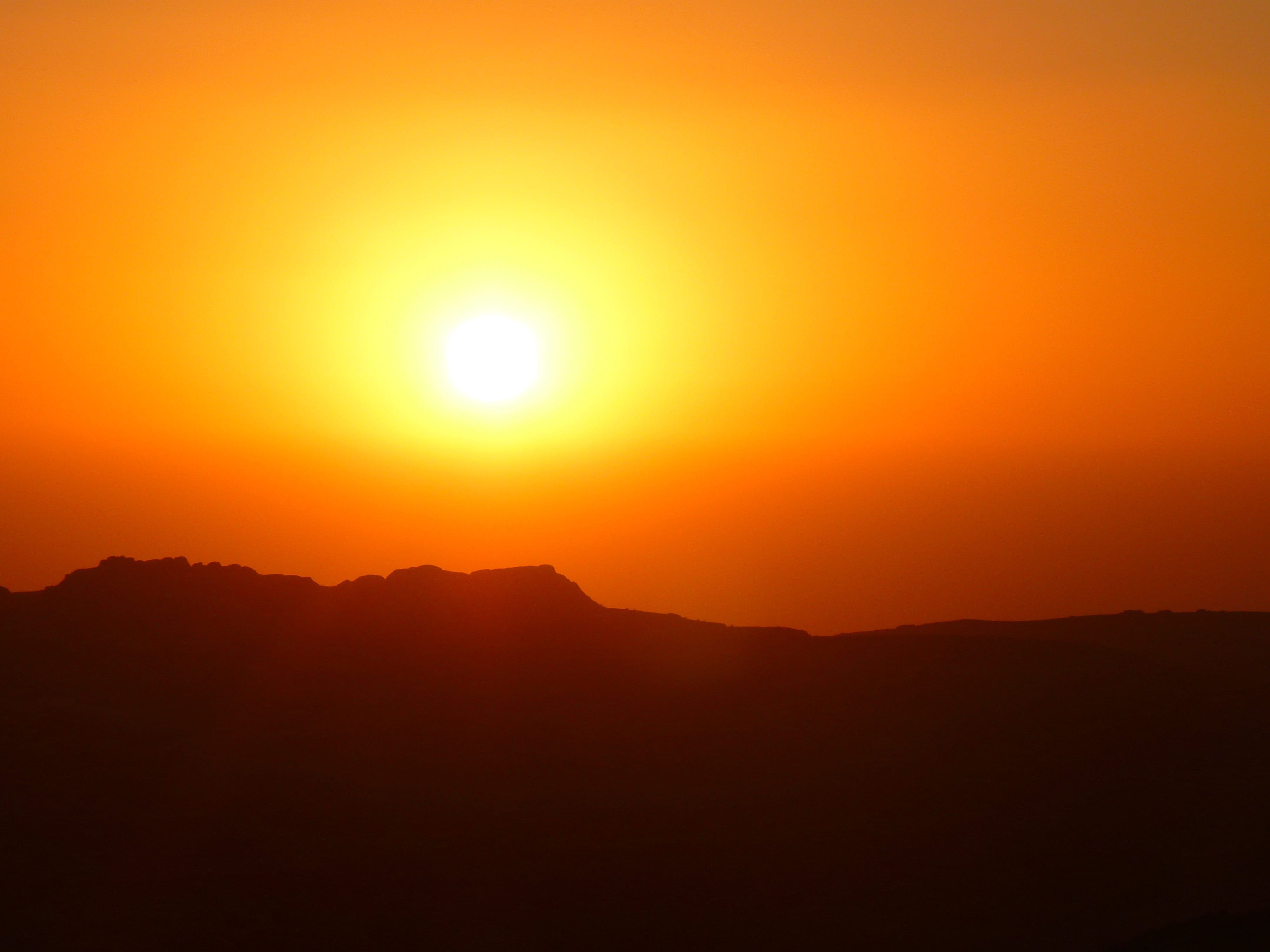 sky, majestic, sunset, Petra, mountain range, no people, petra, middle east, sunlight, romance, tranquil scene, bright, landscape, 4K, jordan, sun, nature, HD Wallpaper